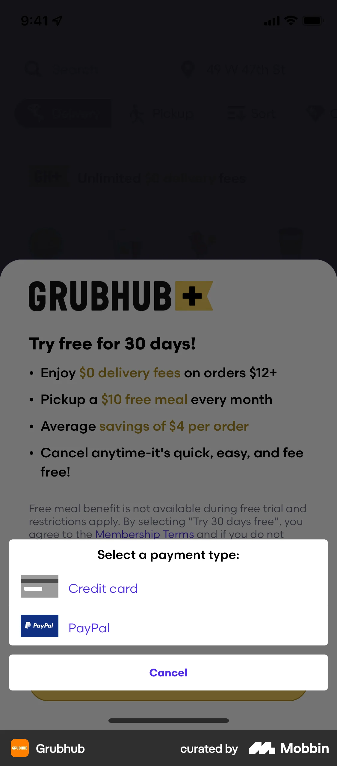 Grubhub iOS screen containing Action Sheet UI element