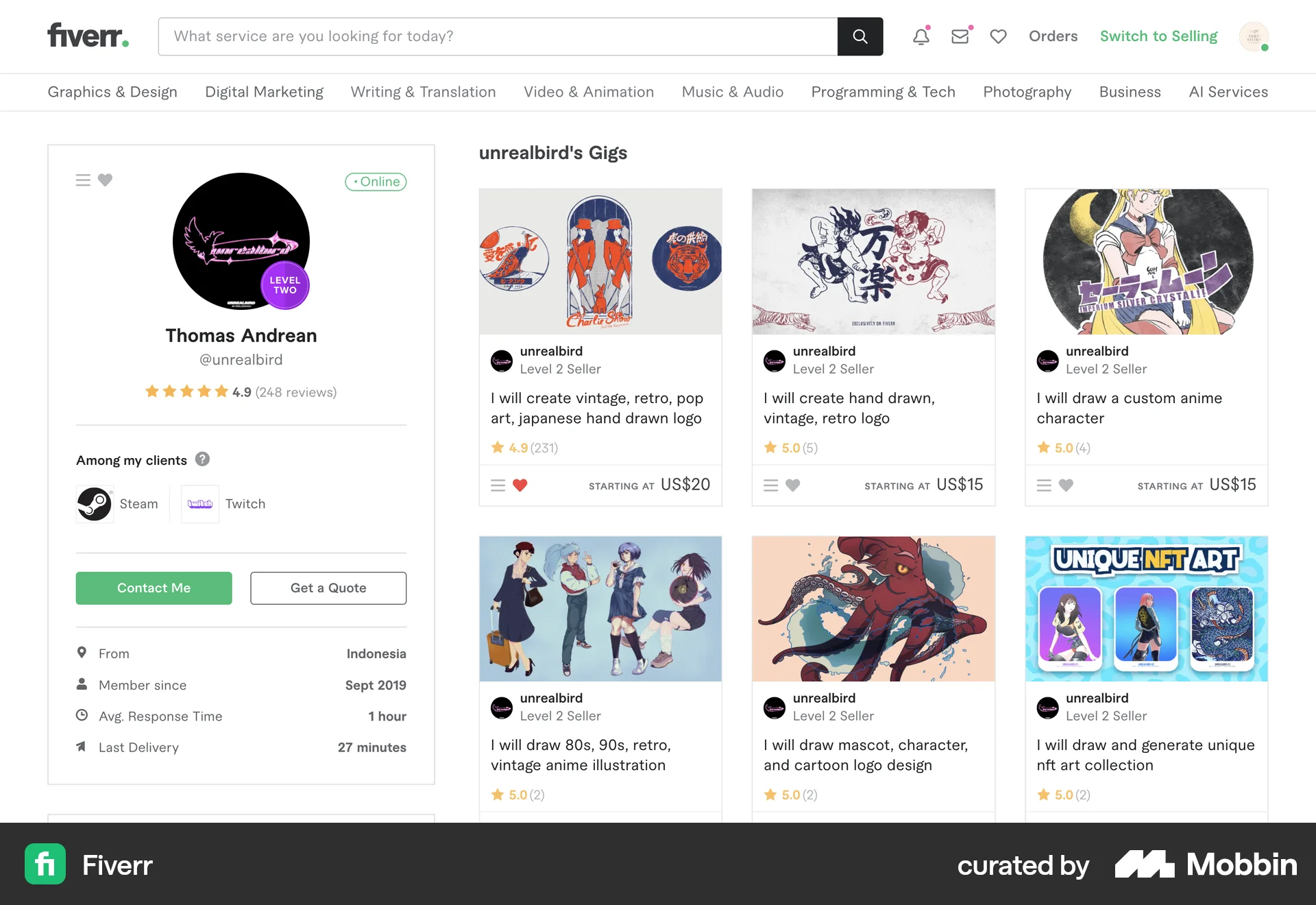 Fiverr Web User / Group Profile screen