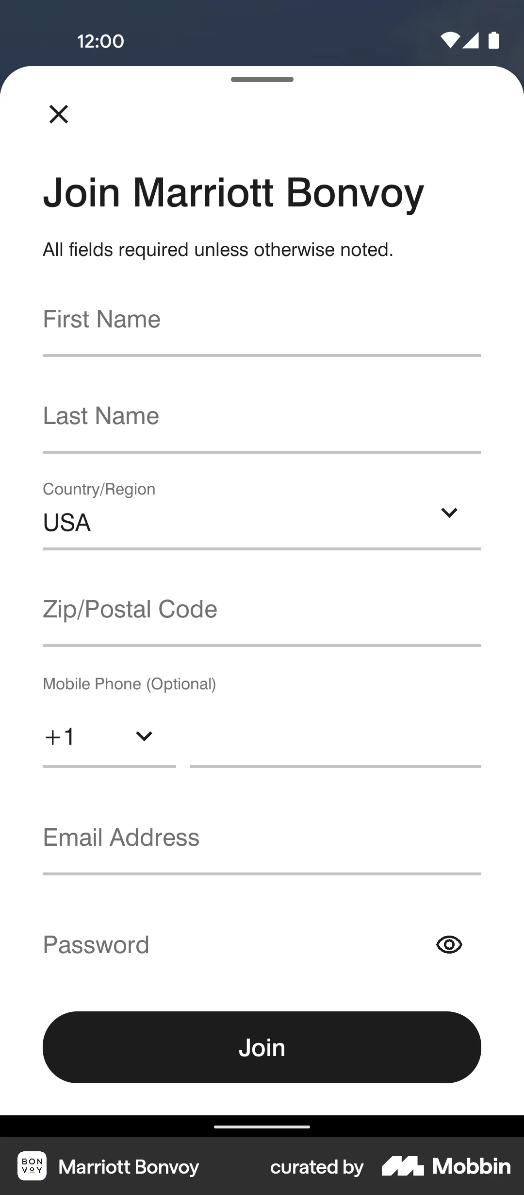 Marriott Bonvoy Android Signup screen