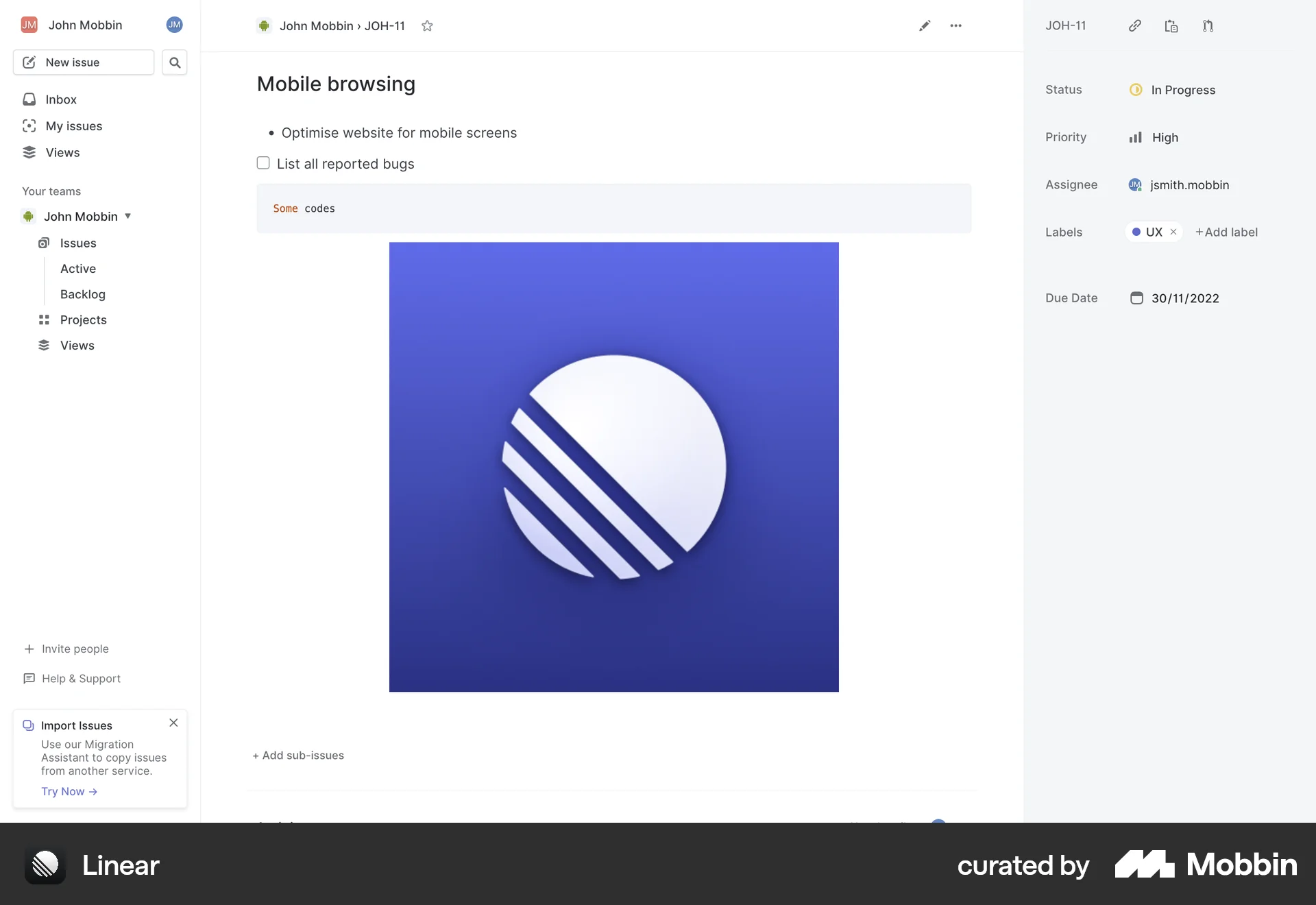 Linear Web Goal & Task screen