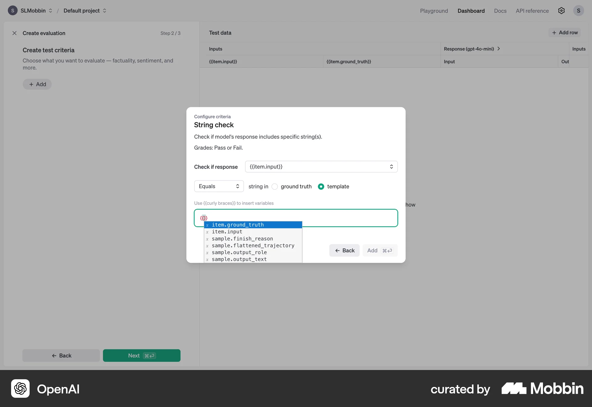 OpenAI Platform Web screen containing Combobox UI element