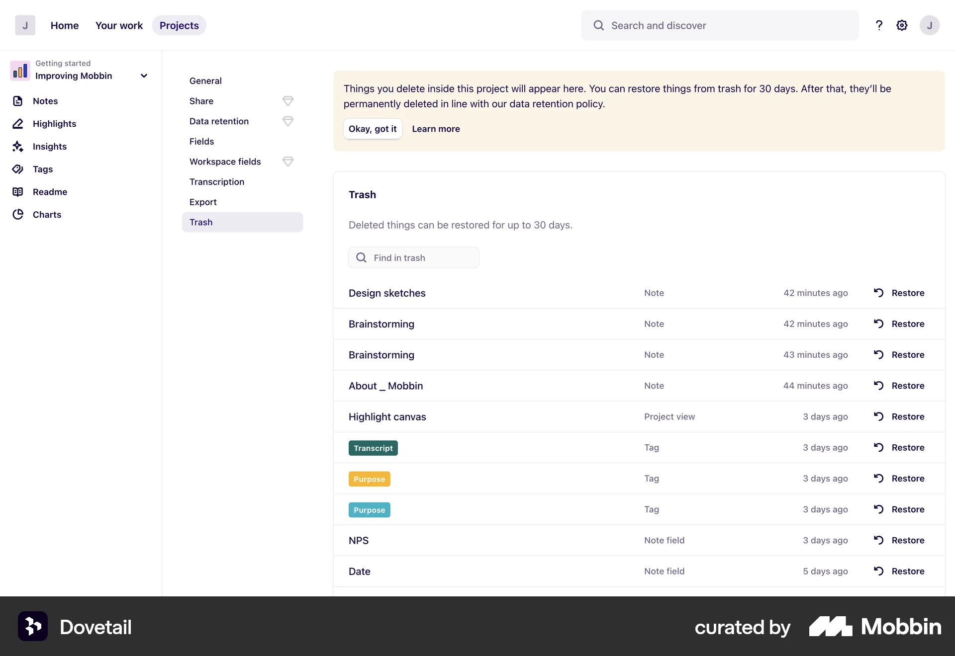Dovetail Web Trash & Archive screen