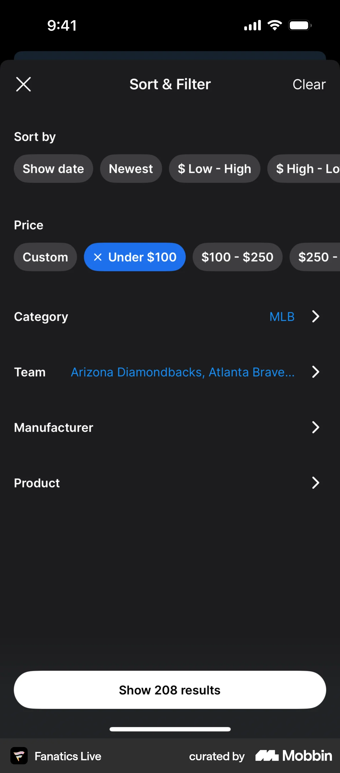 Fanatics Live iOS screen containing Bottom Sheet UI element