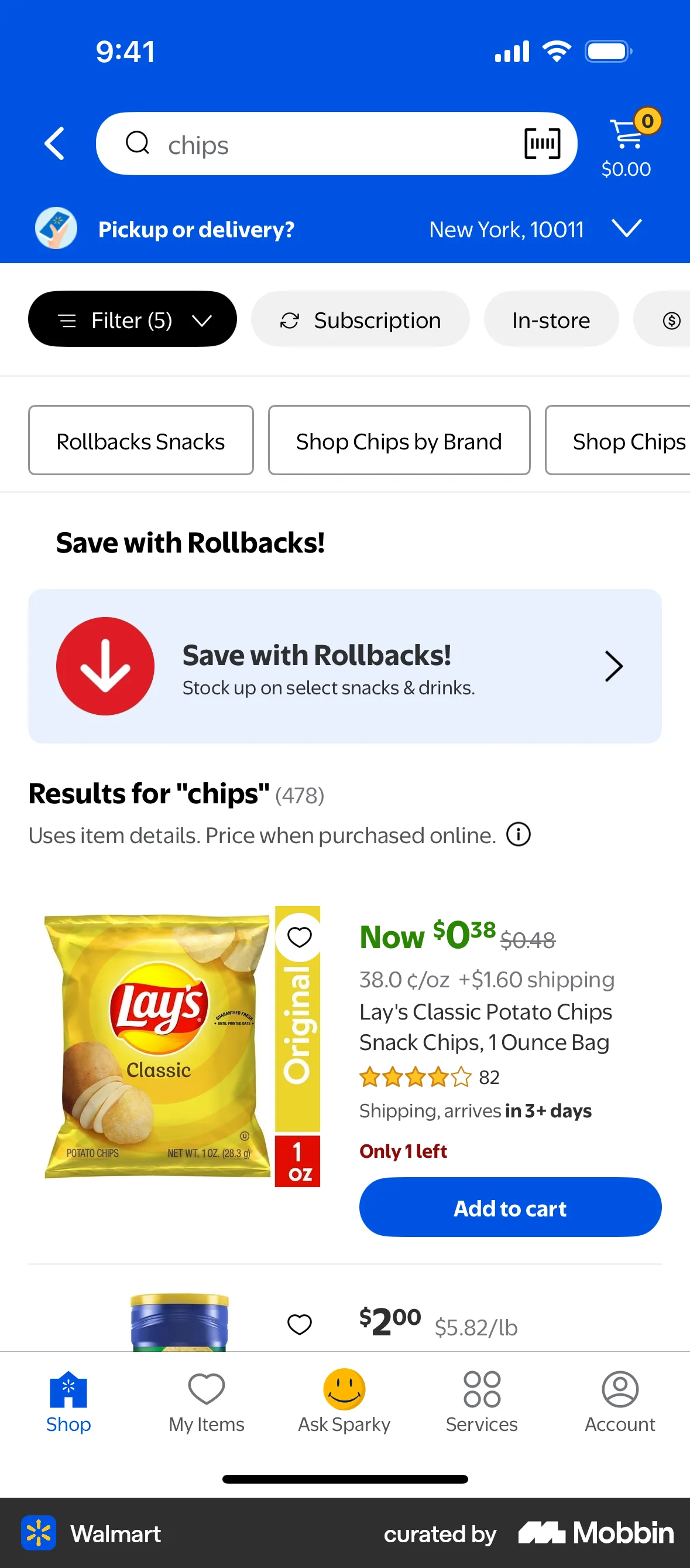 Walmart iOS screen containing Chip UI element