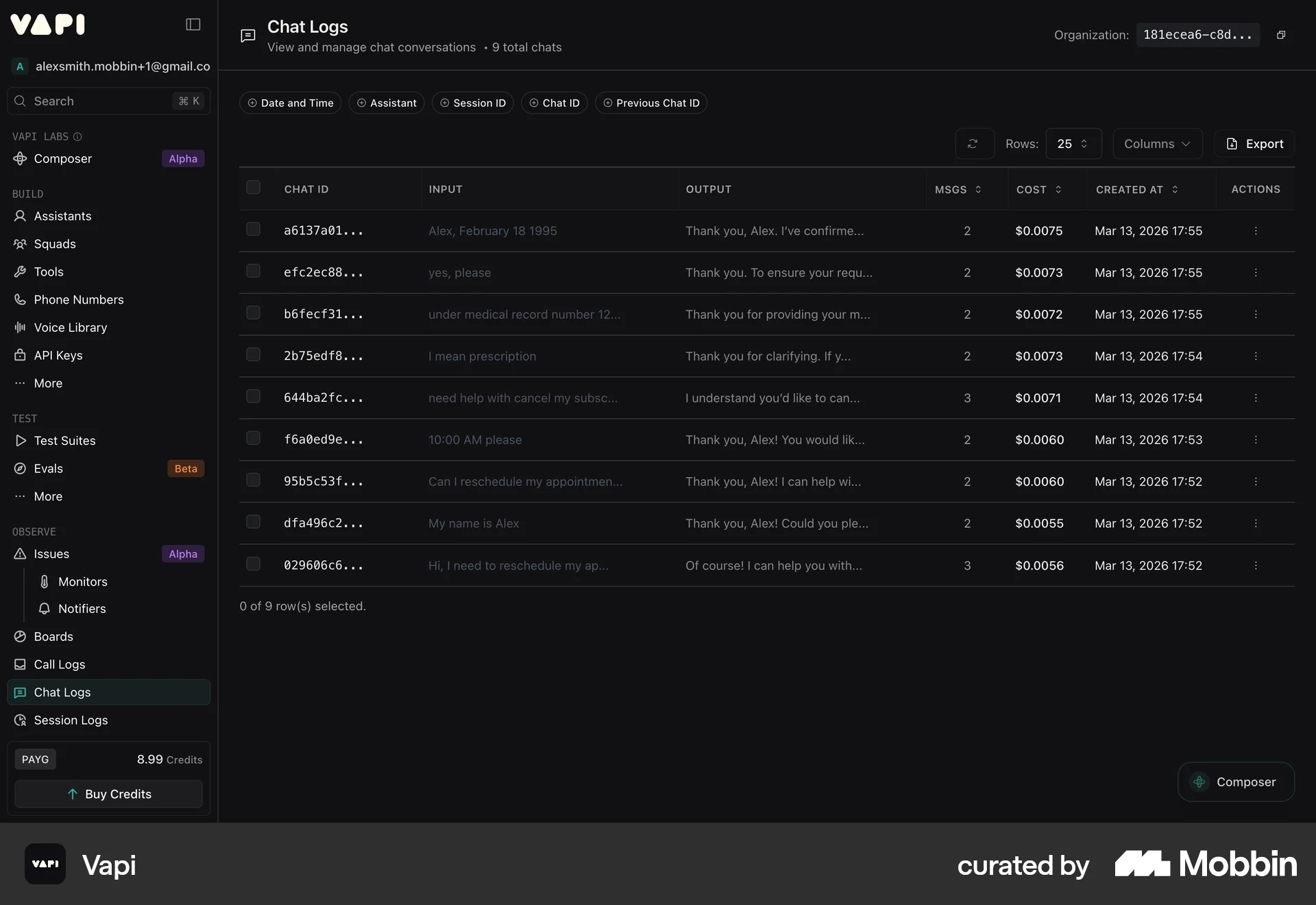Vapi Web Log Dashboard screen