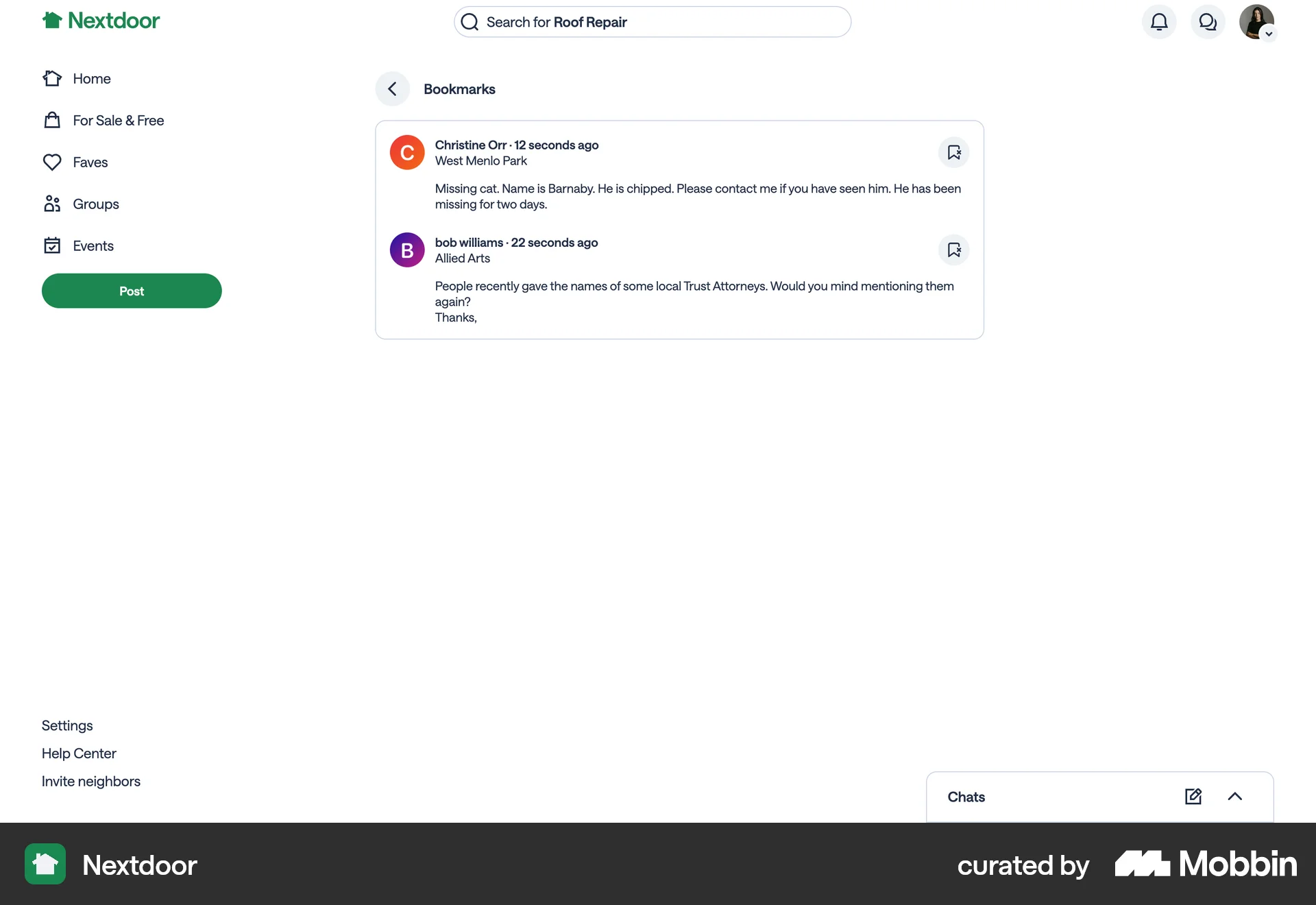 Nextdoor Web Bookmarks & Collections screen