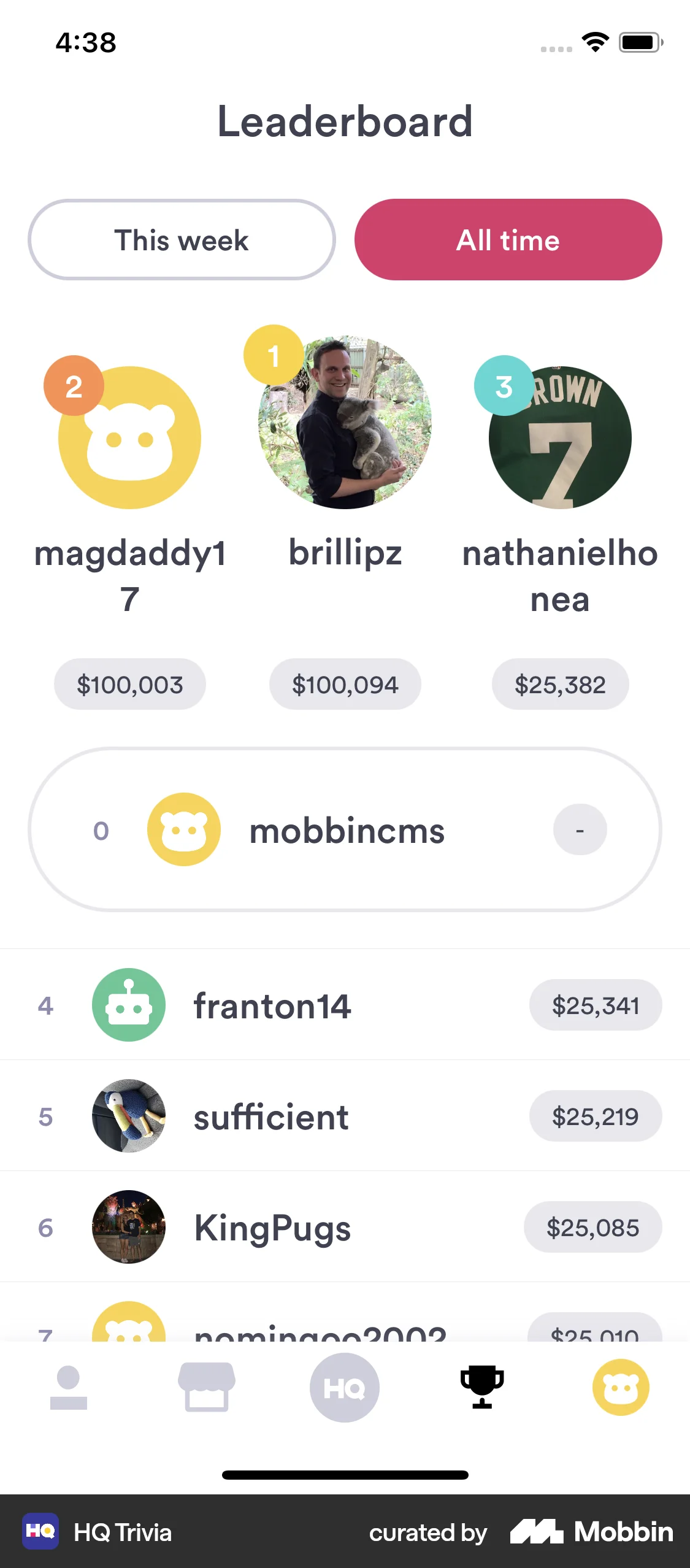 HQ Trivia iOS Leaderboard screen