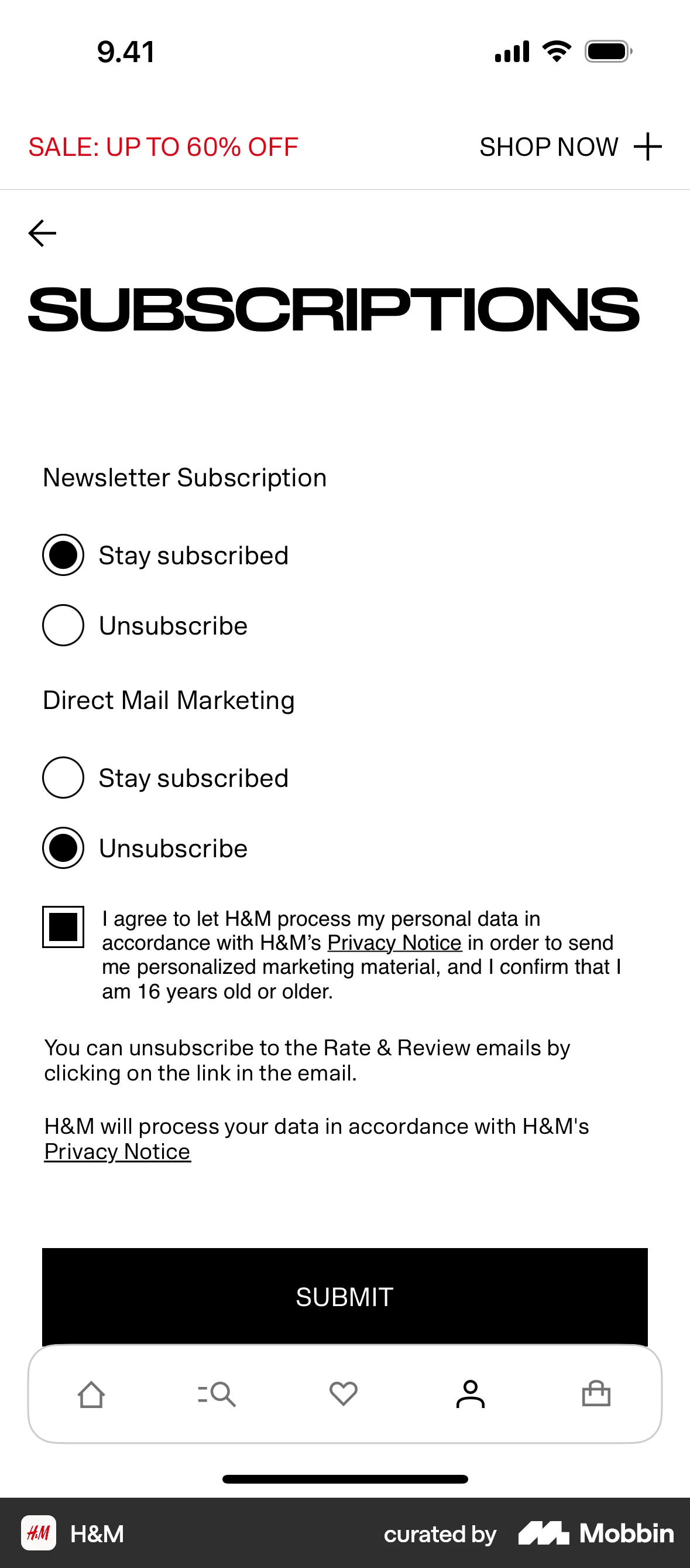 H&M iOS Follow & Subscribe screen