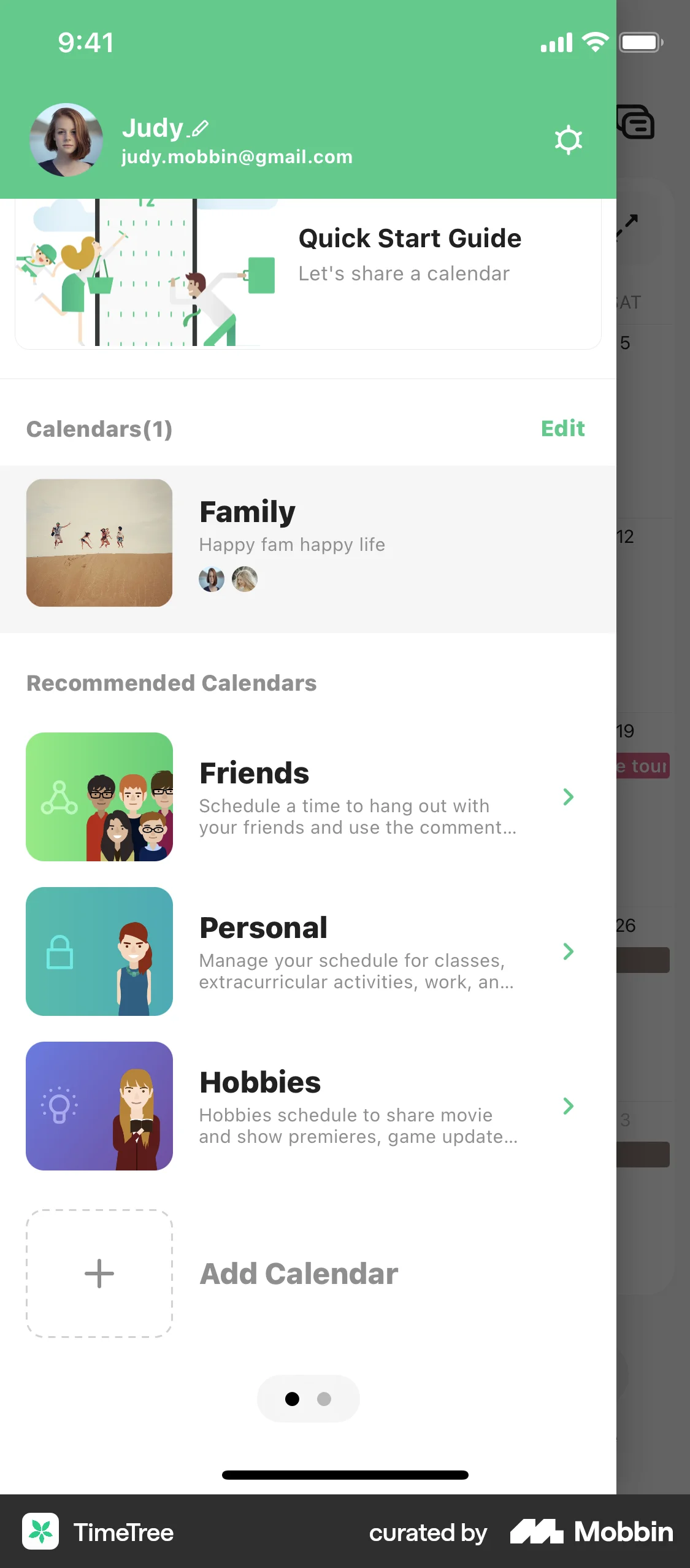 TimeTree iOS screen containing Side Navigation UI element