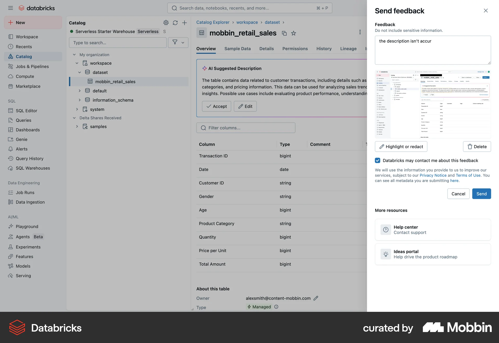Databricks Web screen containing Drawer UI element