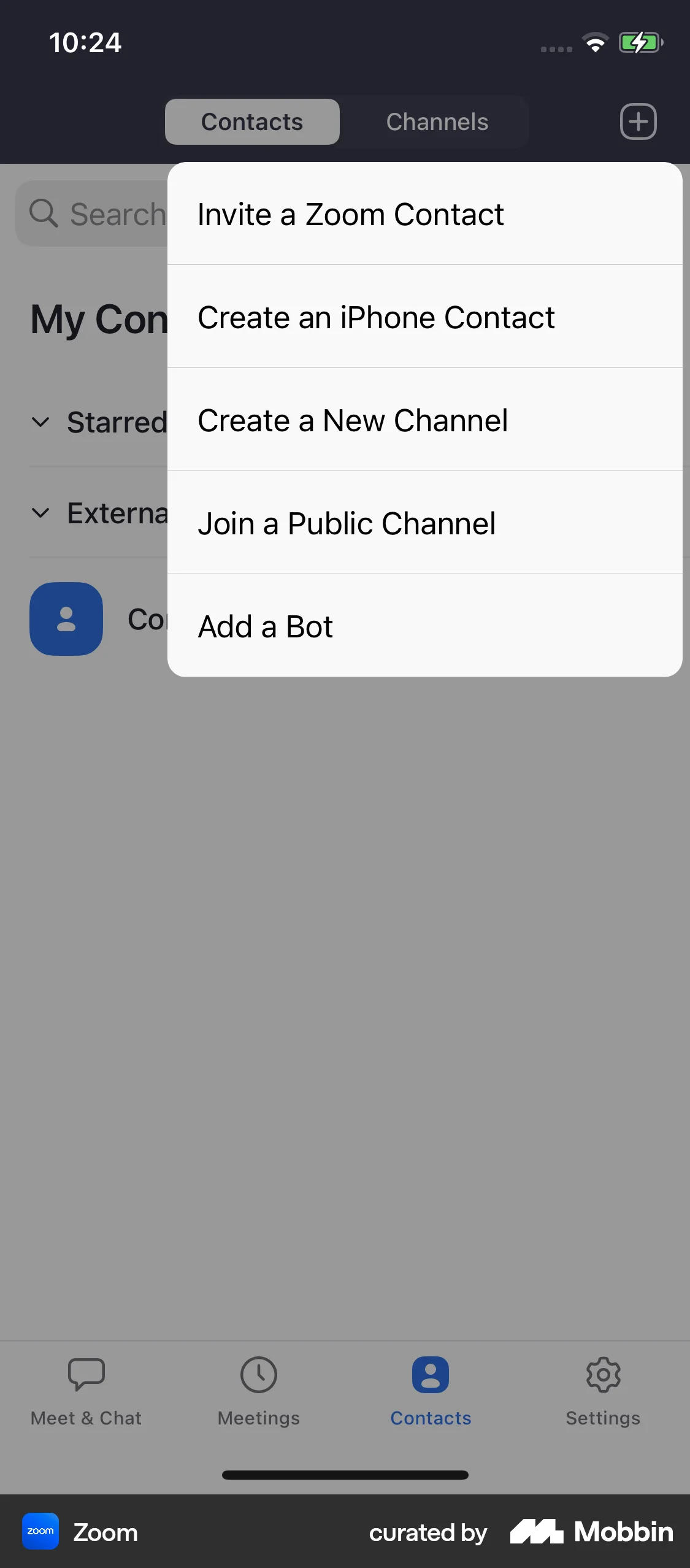 Zoom iOS screen containing Dropdown Menu UI element
