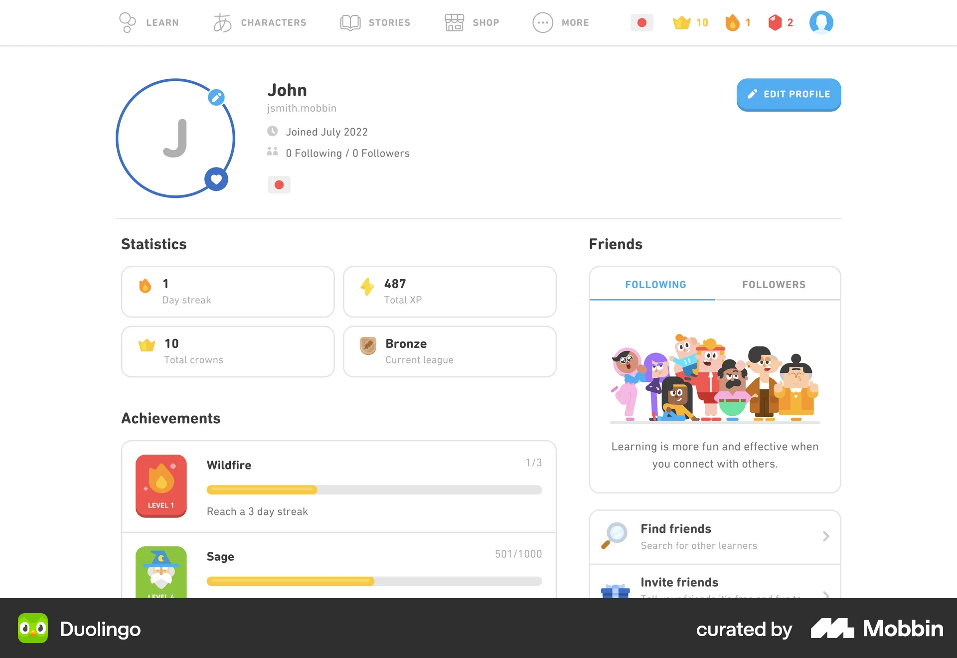 Duolingo Web Followers & Following screen