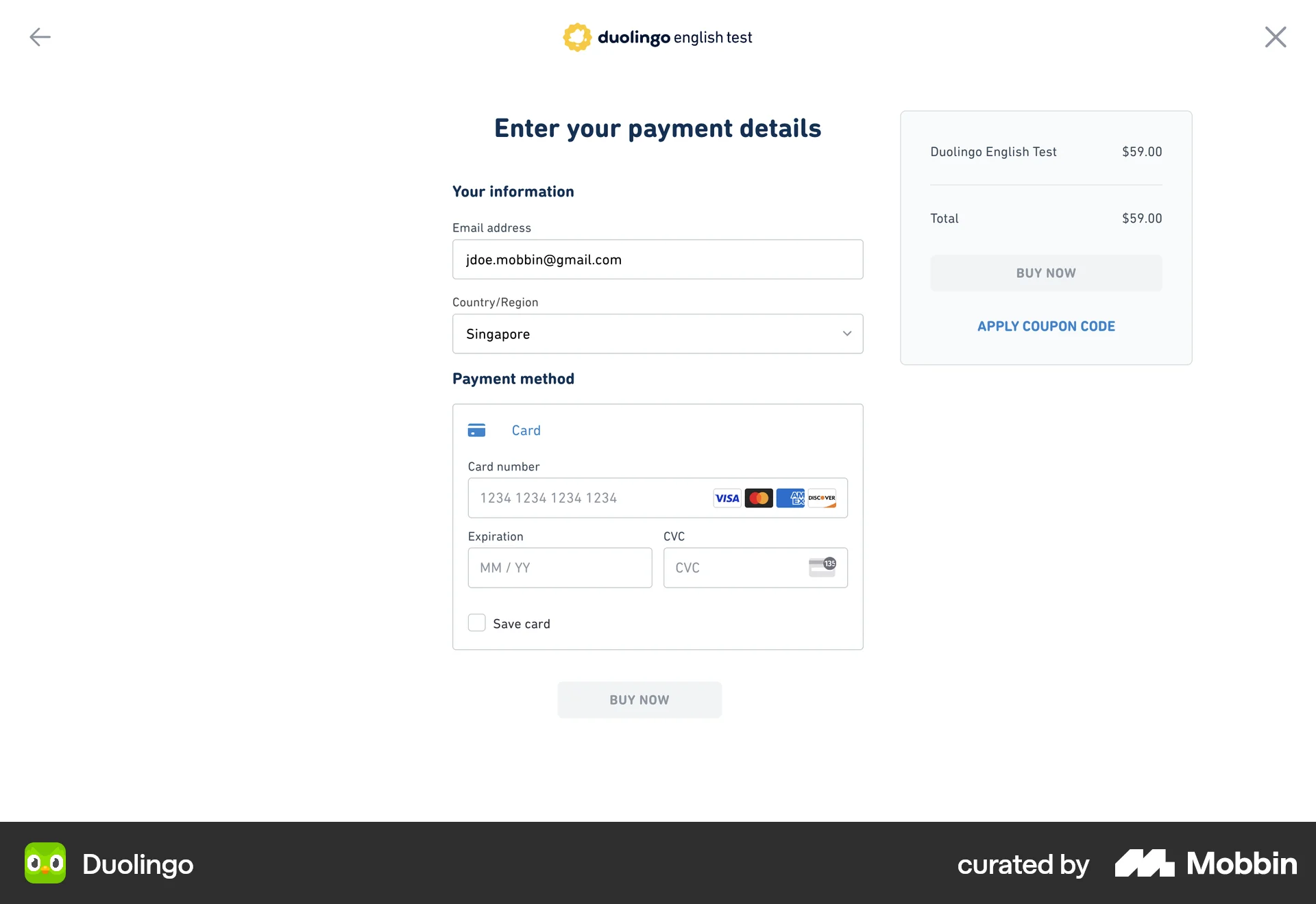 Duolingo Web Payment Method screen