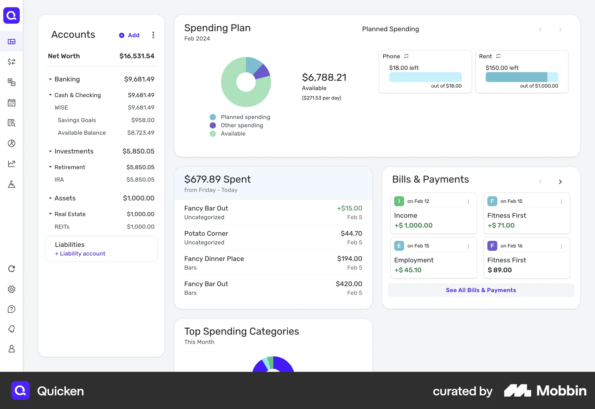 Quicken Web Home screen
