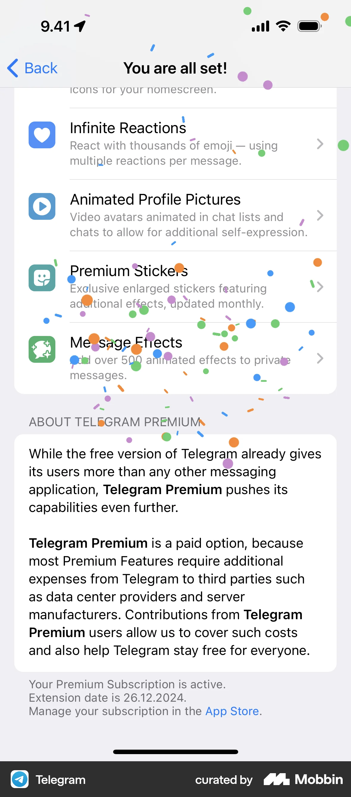 Telegram iOS Confetti screen