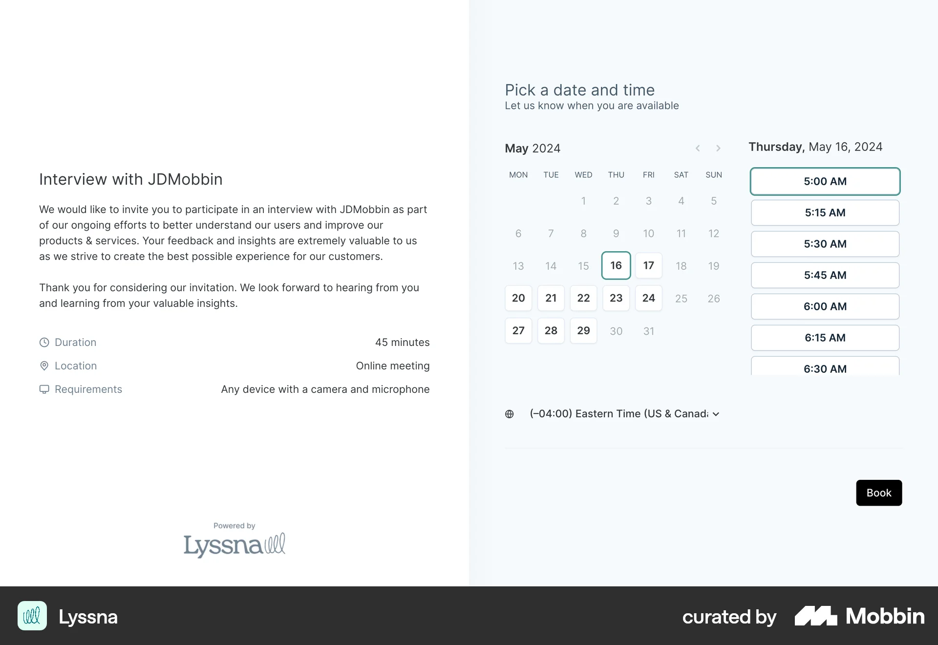 Lyssna Web Calendar screen