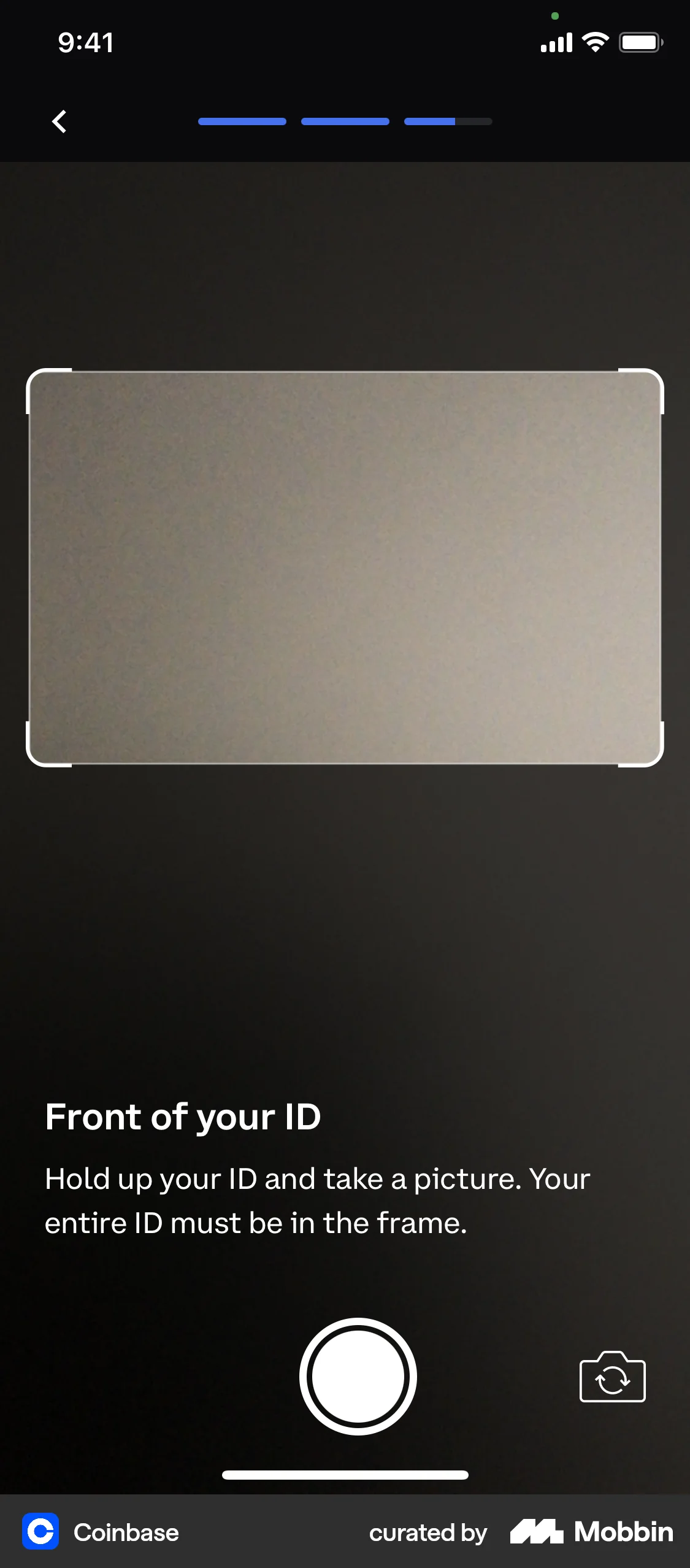 Coinbase iOS Camera & Scanner screen
