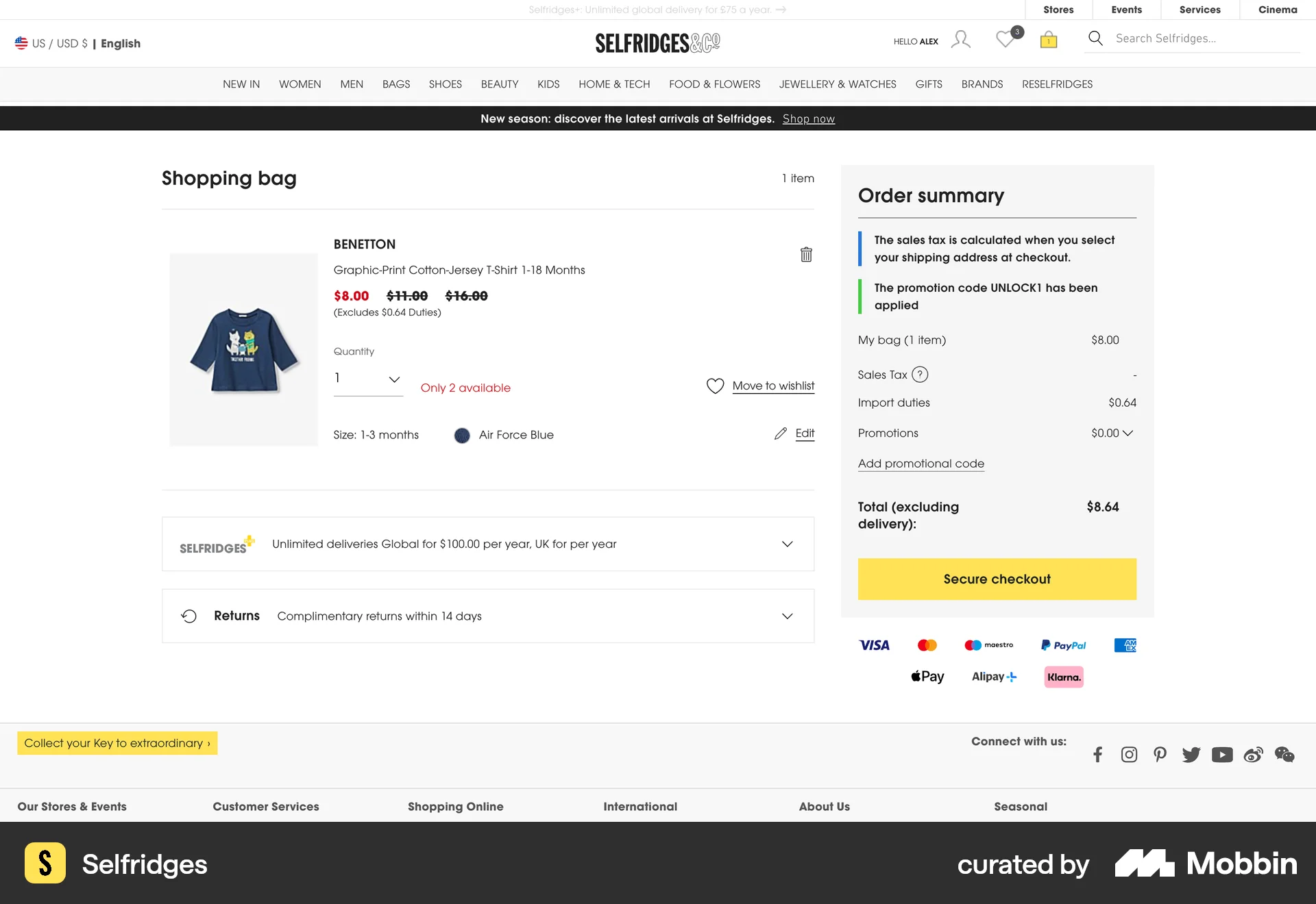 Selfridges Web Web Shopping Cart screen