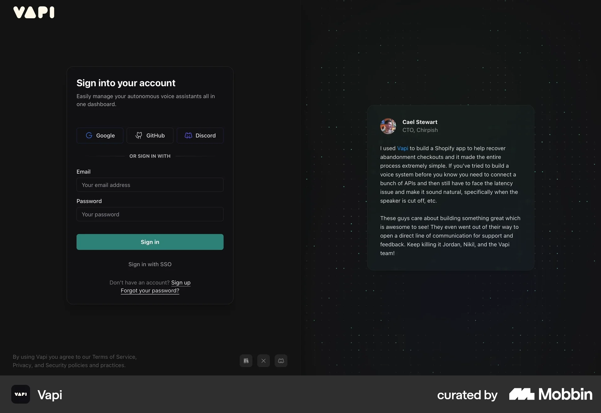 Vapi Logging in screen