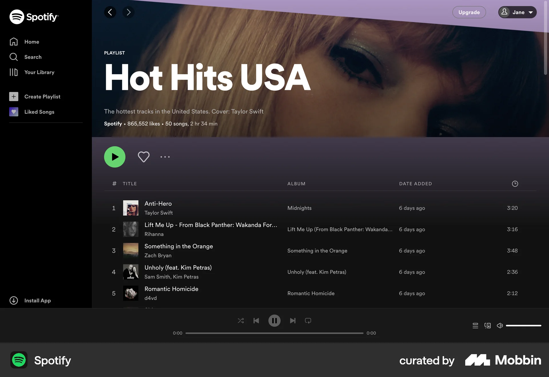Spotify Web Playlists screen