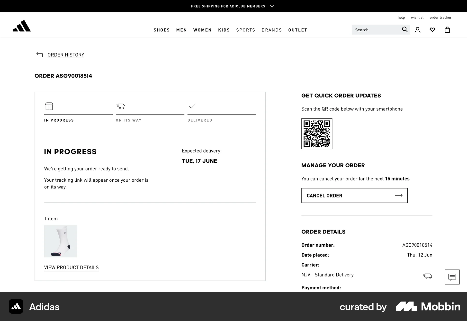 adidas Web Order Detail screen