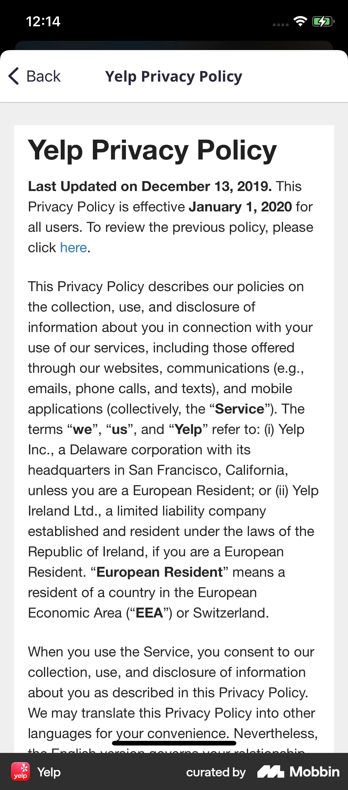 Yelp iOS Privacy Policy screen