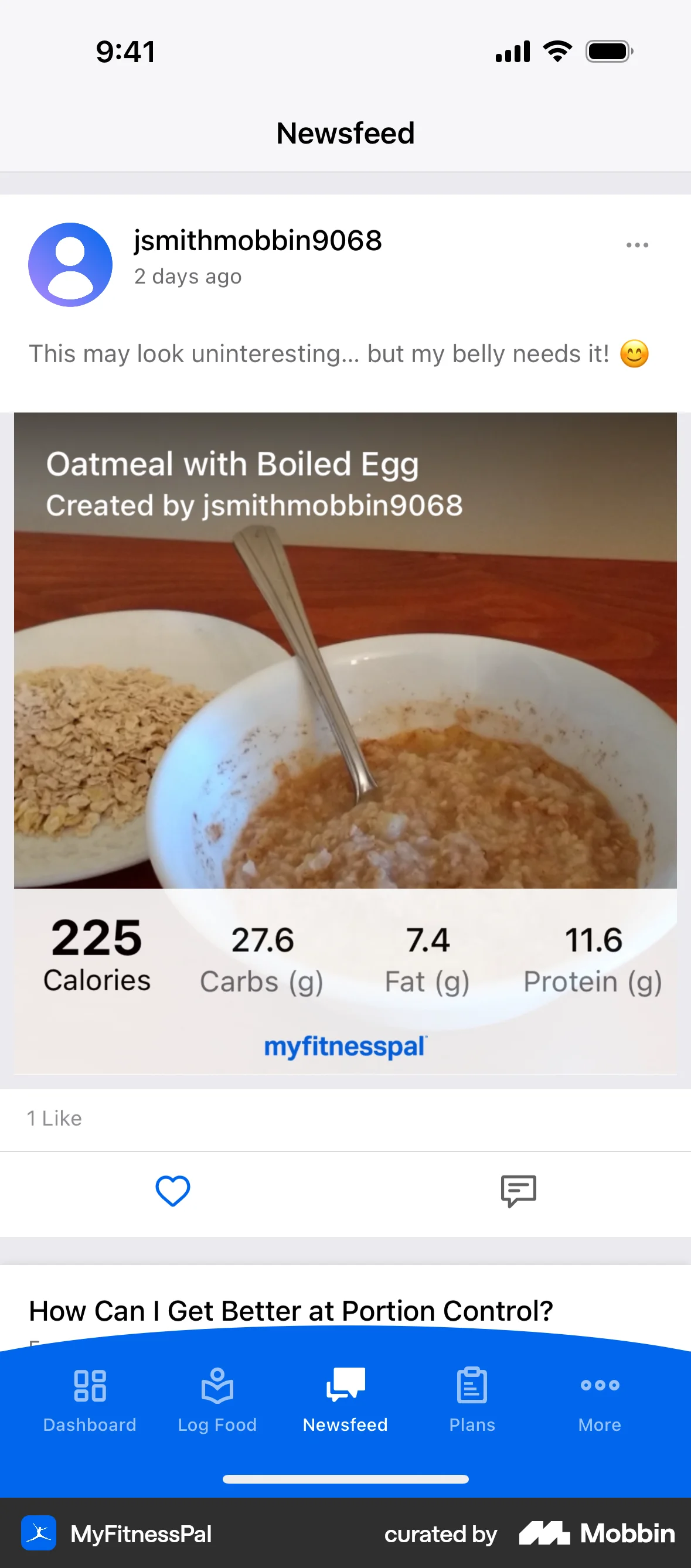 MyFitnessPal iOS Like & Upvote screen