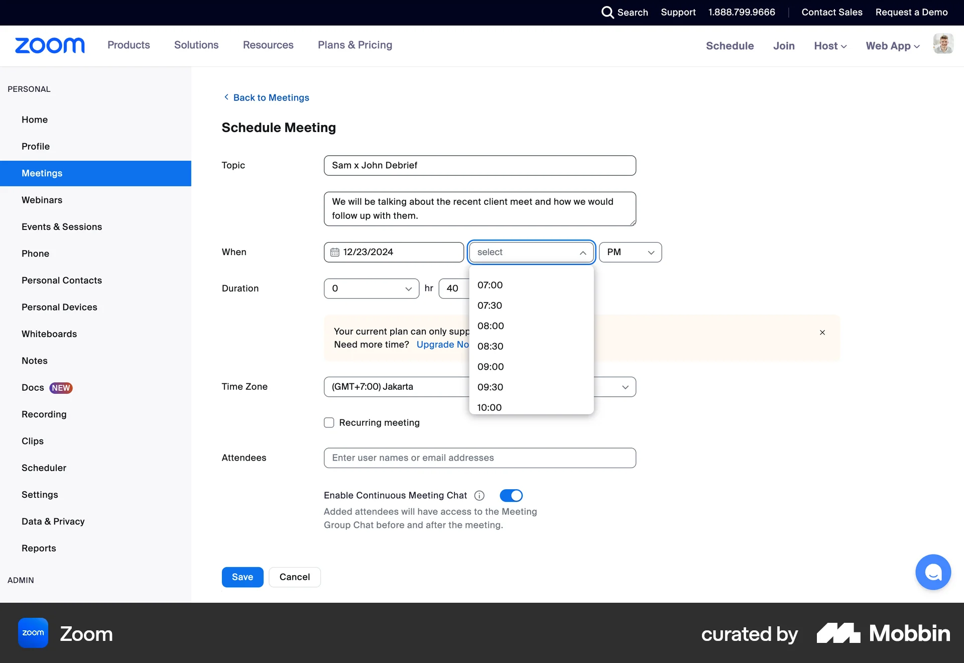 Zoom Web screen containing Time Picker UI element