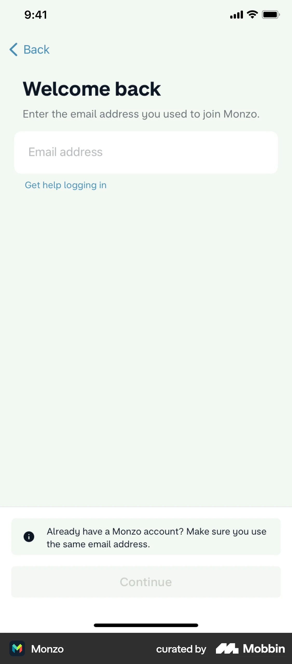 Monzo iOS Login screen