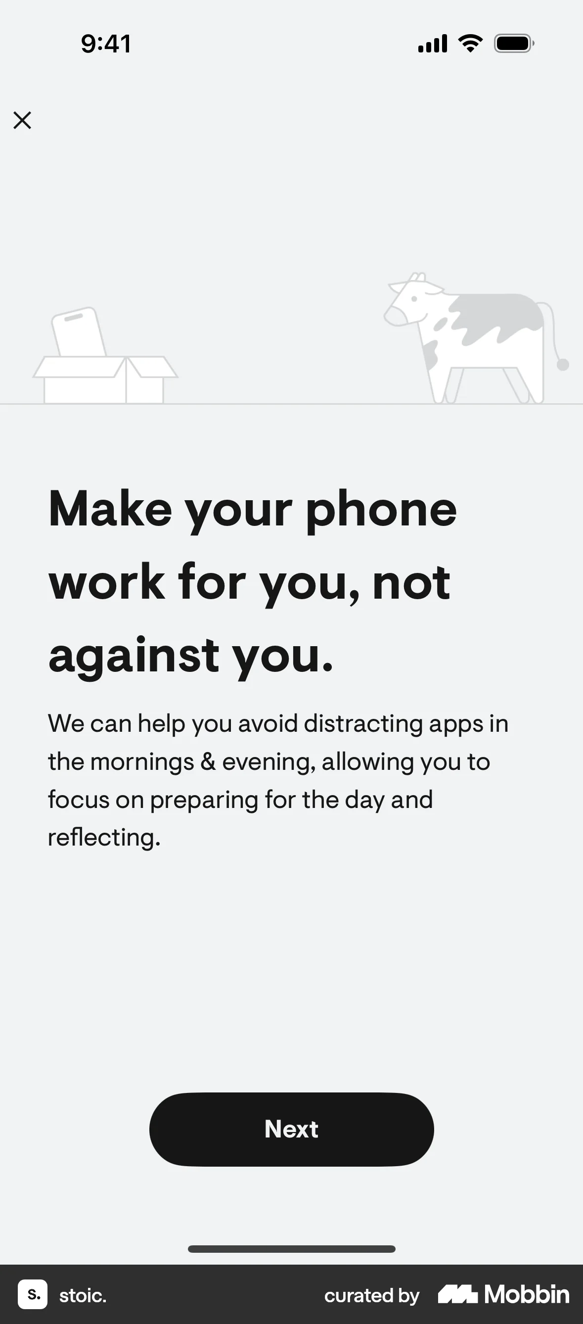 stoic. iOS screen containing Full-Screen Overlay UI element