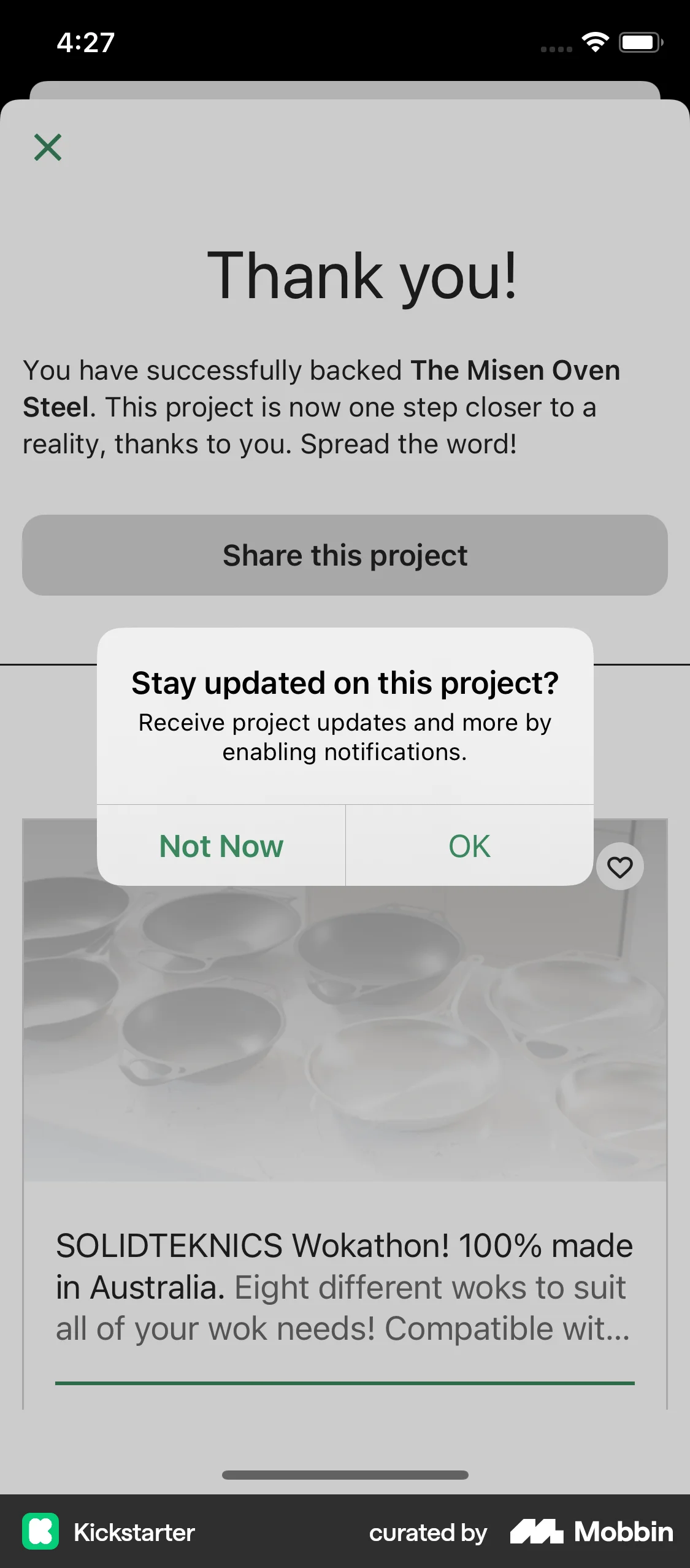 Kickstarter iOS screen containing Dialog UI element