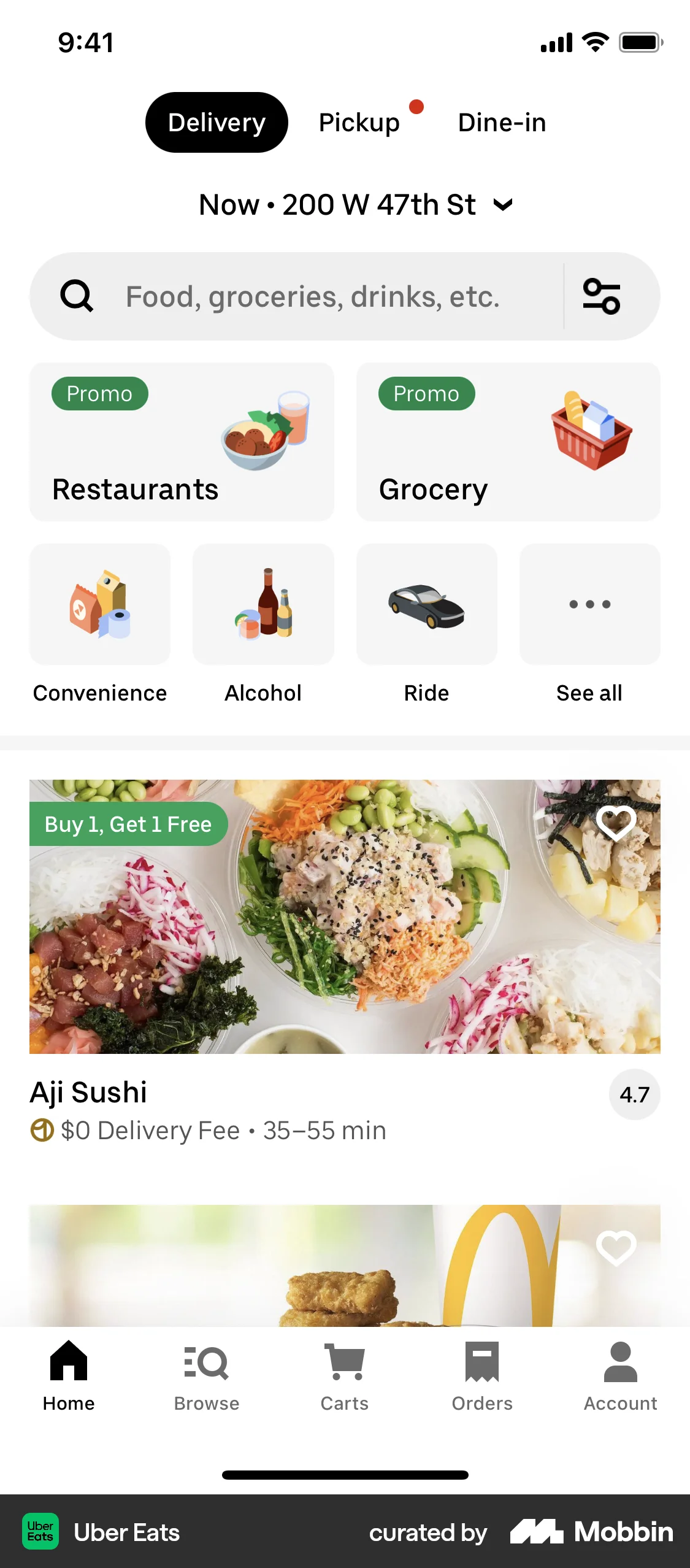 Uber Eats iOS screen containing Tab UI element