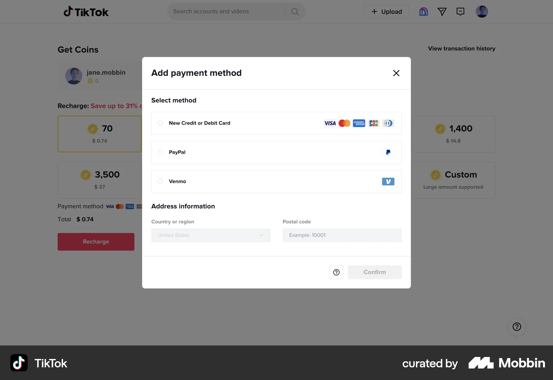 TikTok Web Payment Method screen