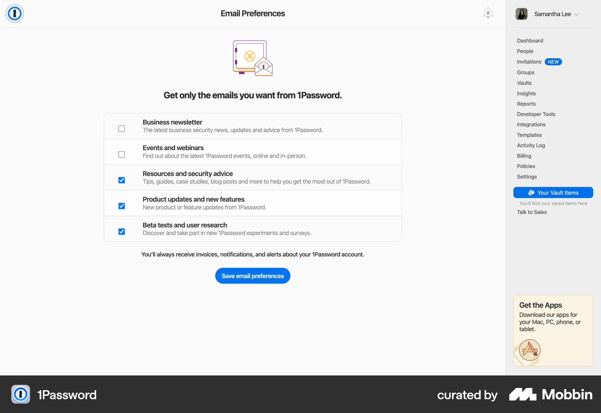 1Password Web Follow & Subscribe screen