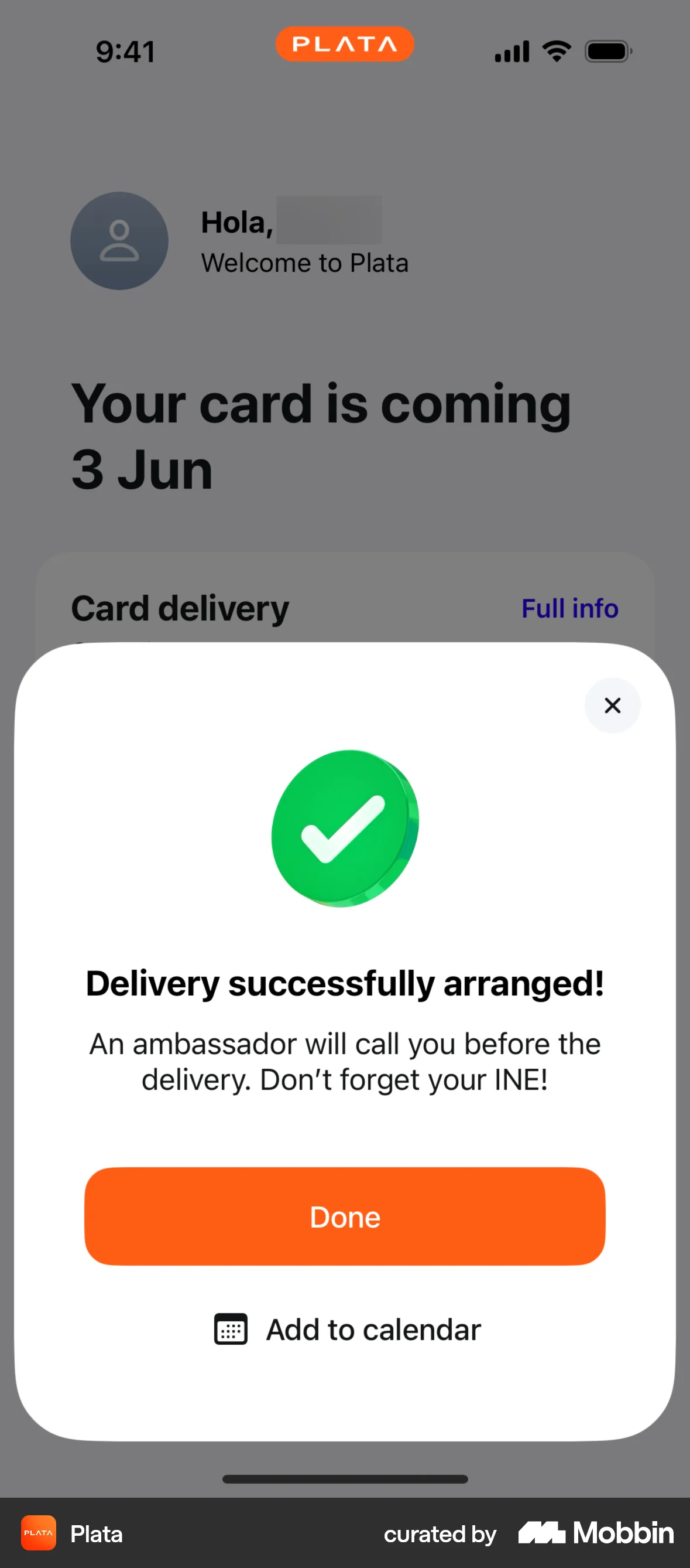 Plata Card iOS Acknowledgement & Success screen