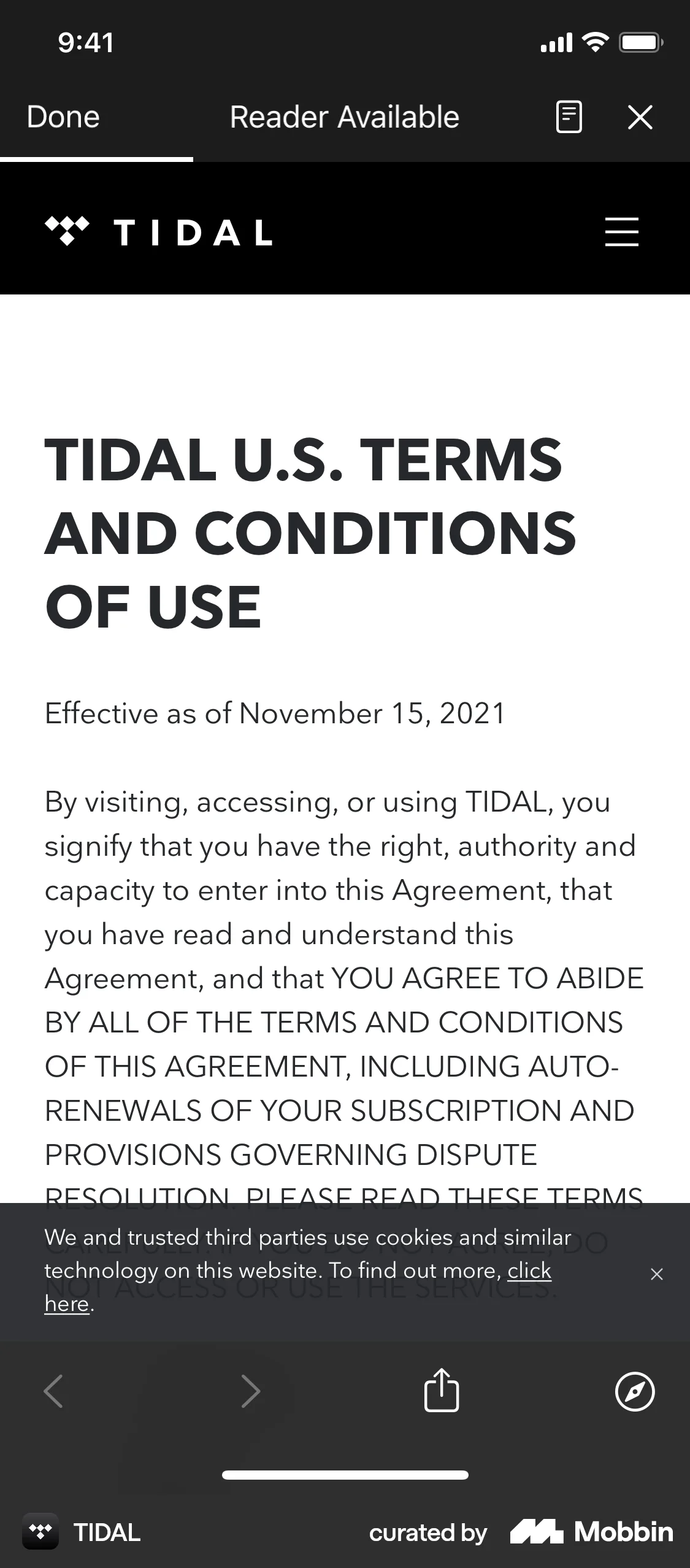 TIDAL iOS Terms & Conditions screen