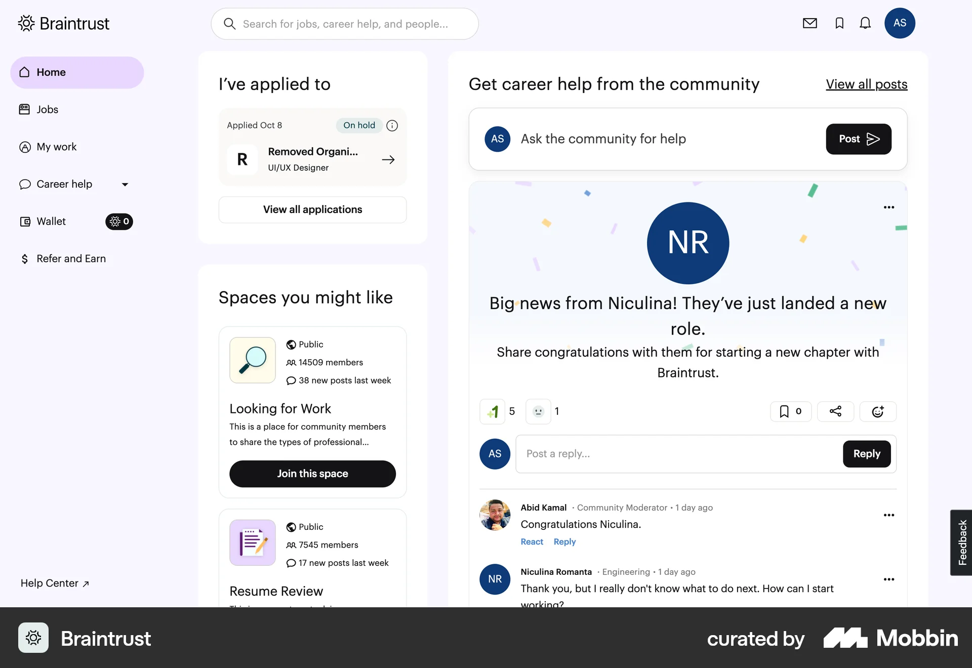 Braintrust Web Social Feed screen