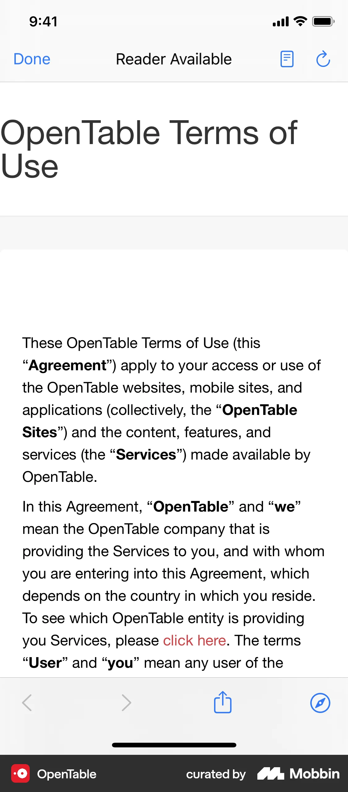 OpenTable iOS Terms & Conditions screen