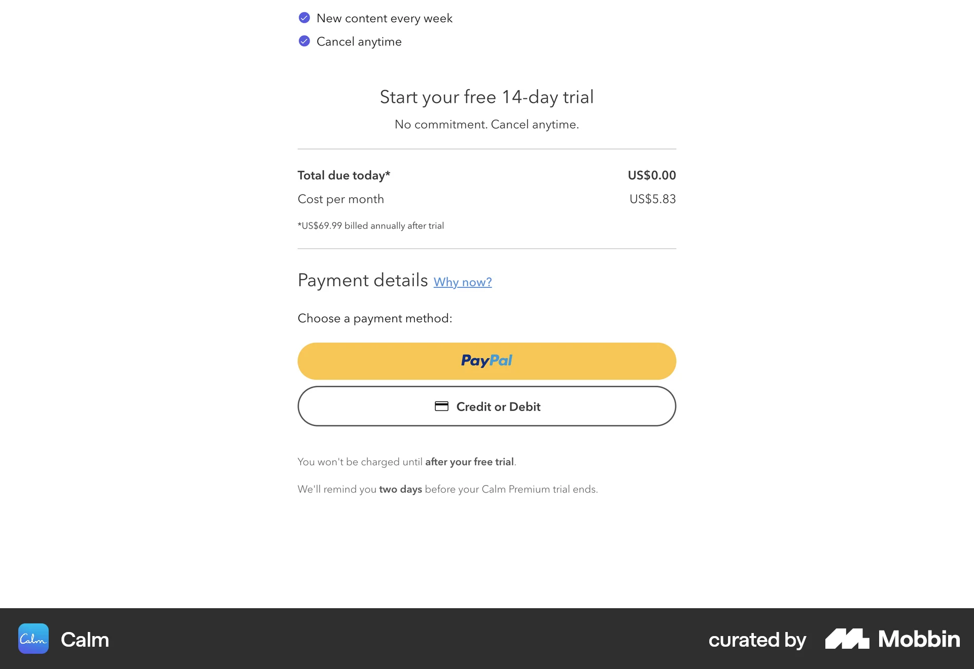 Calm Web Checkout screen