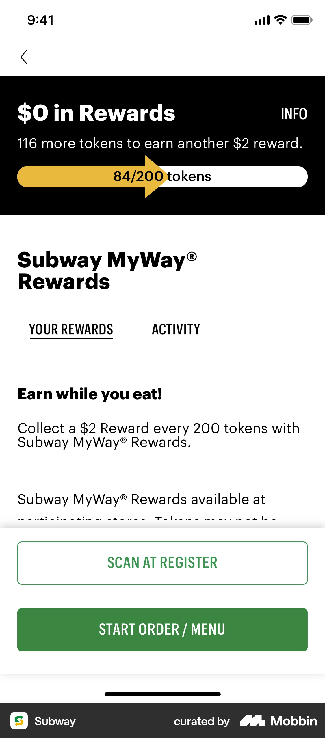Subway iOS Promotions & Rewards screen