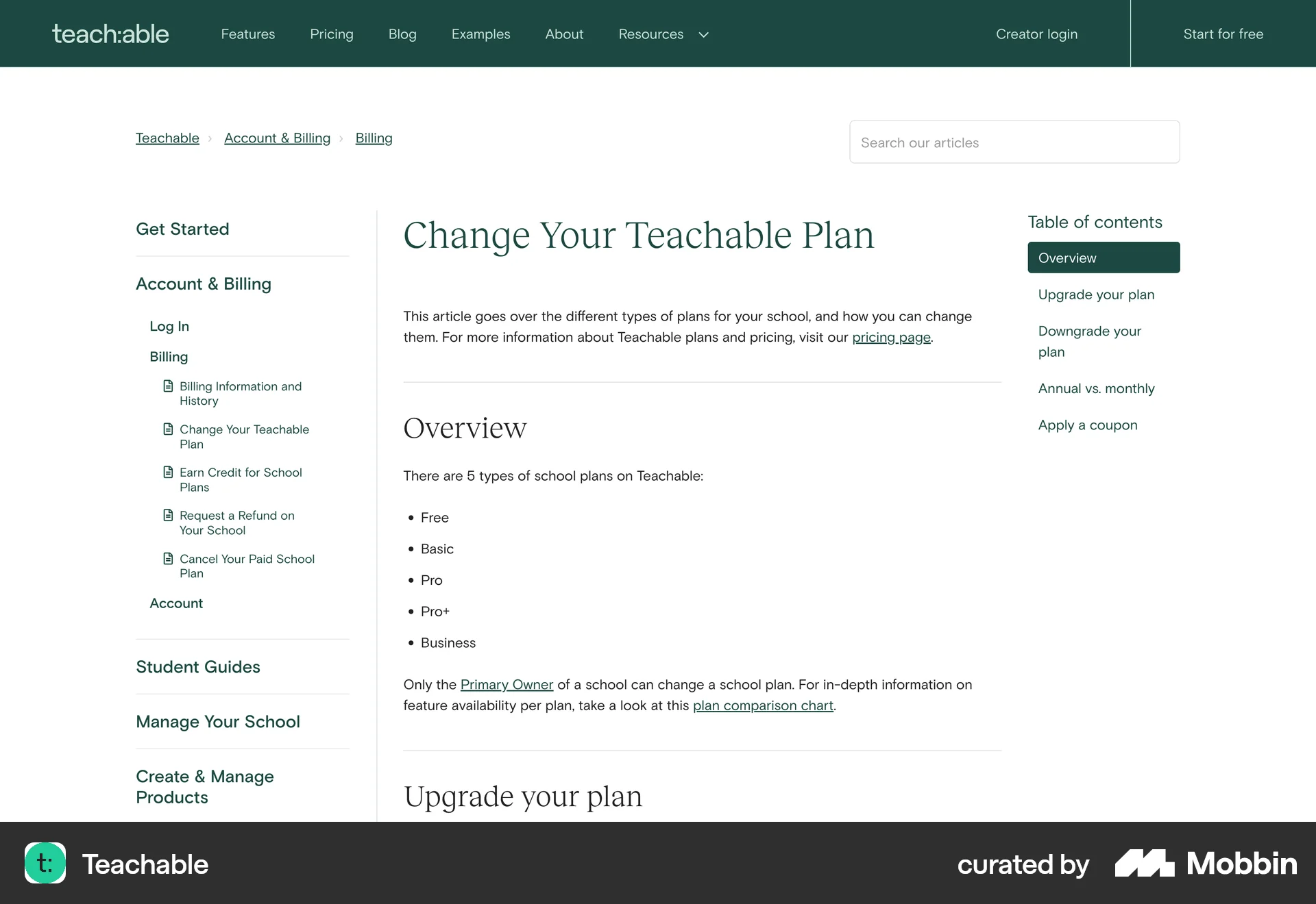Teachable Web screen containing Table of Contents UI element