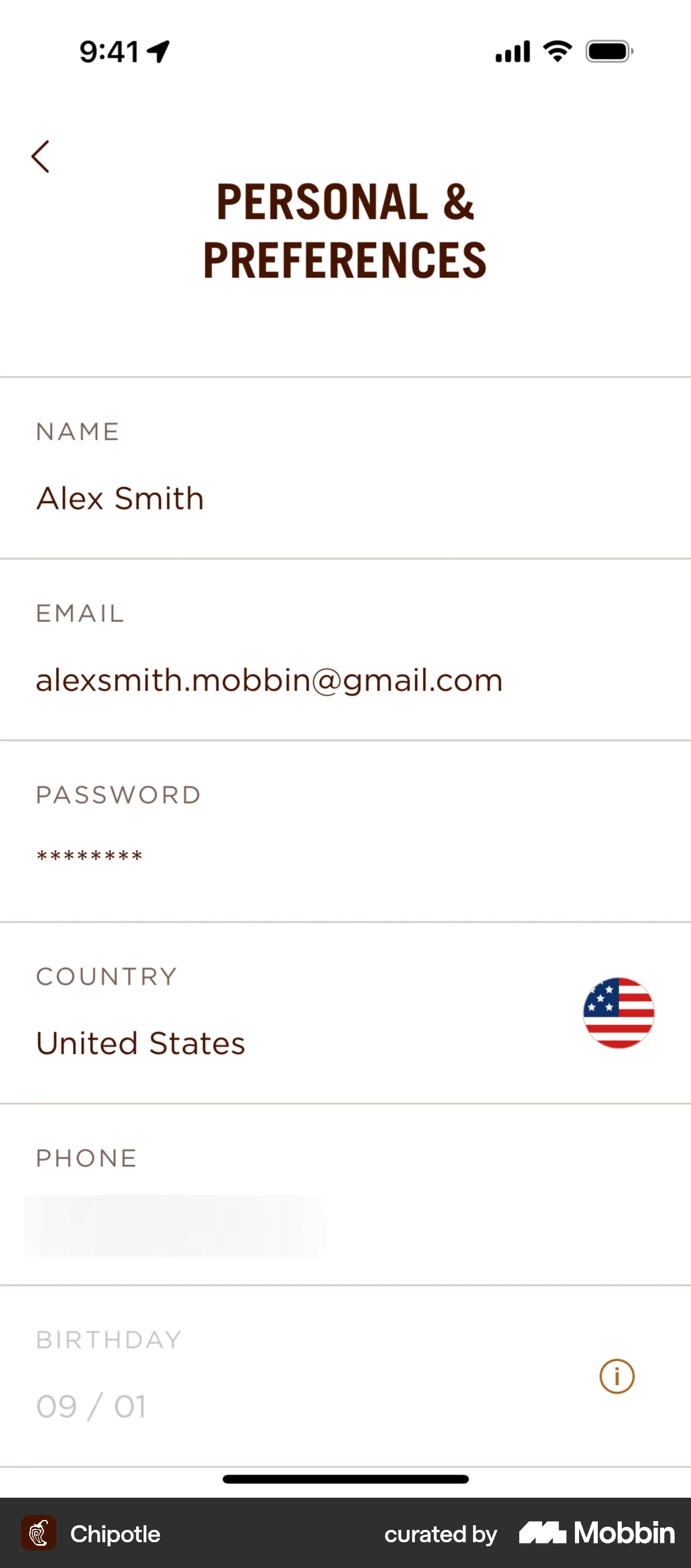 Chipotle iOS Settings & Preferences screen