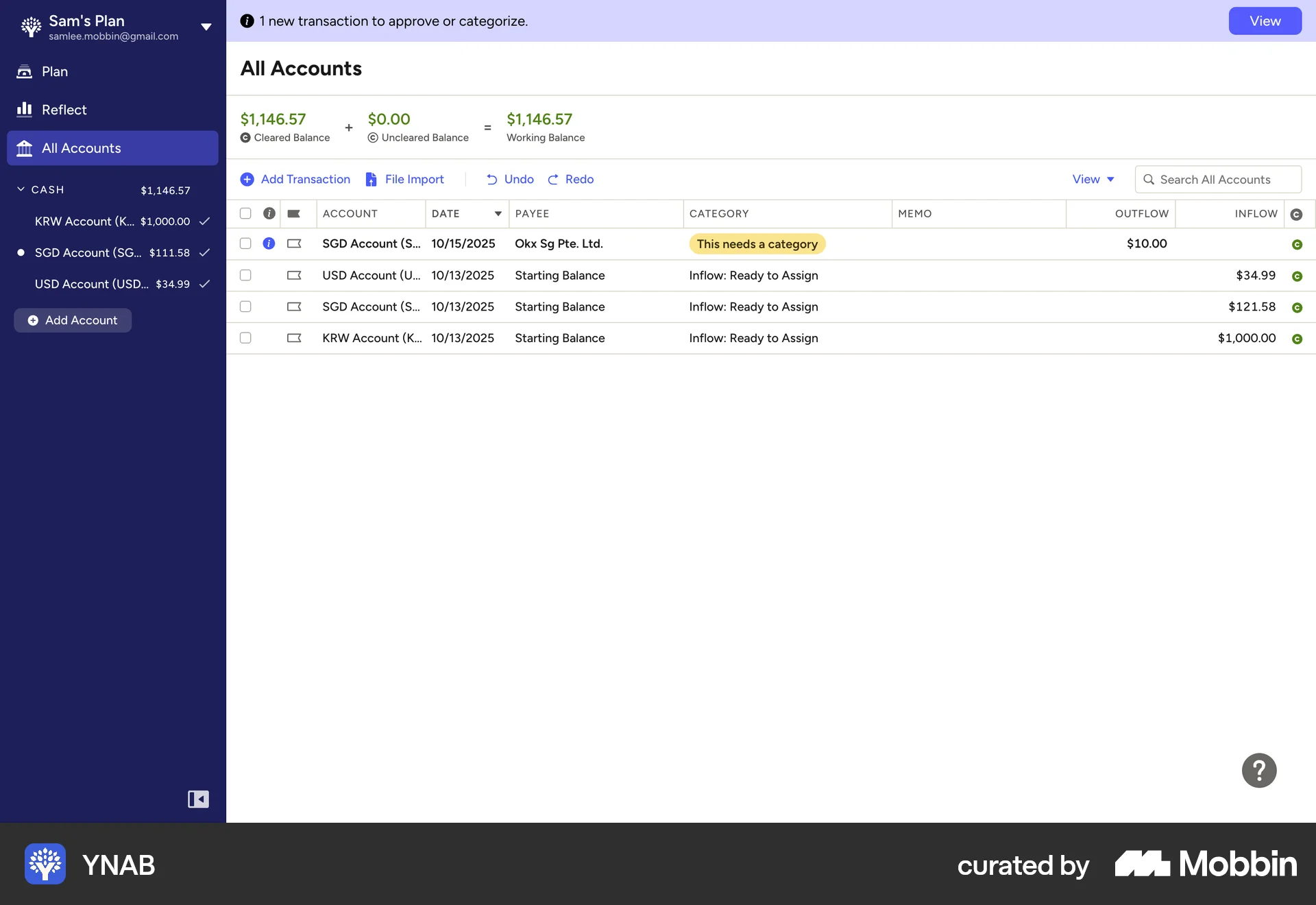 YNAB Adding a transaction screen