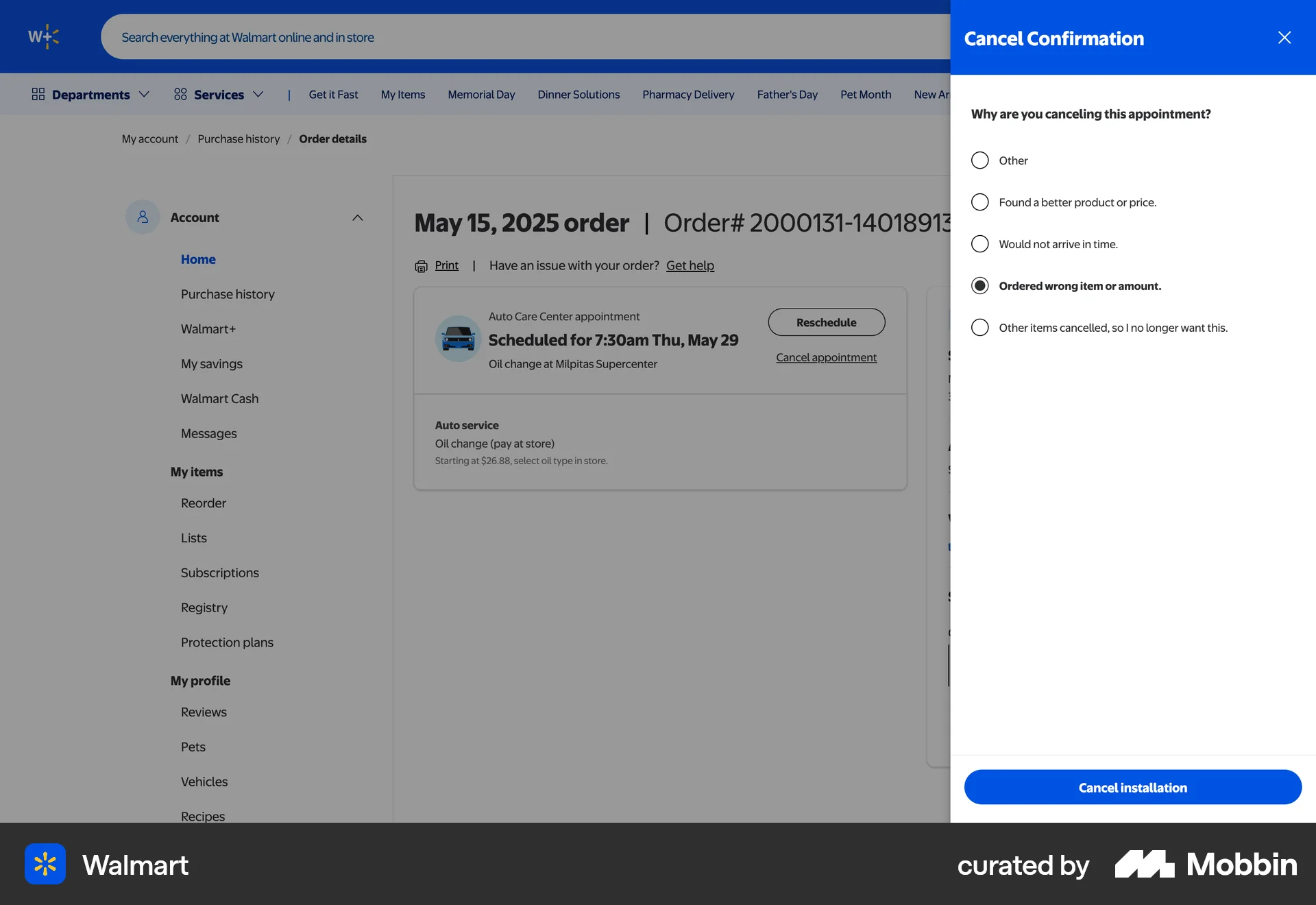 Walmart Web Cancel screen
