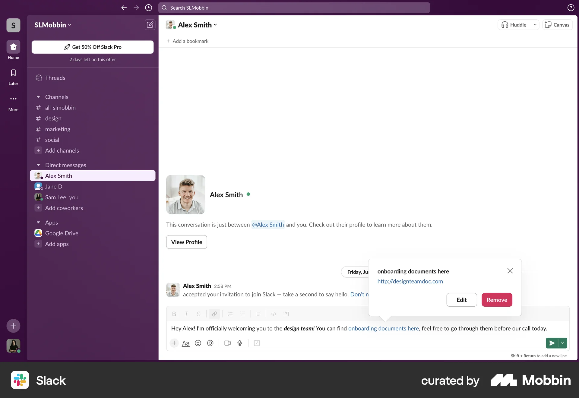 Slack Web screen containing Popover UI element
