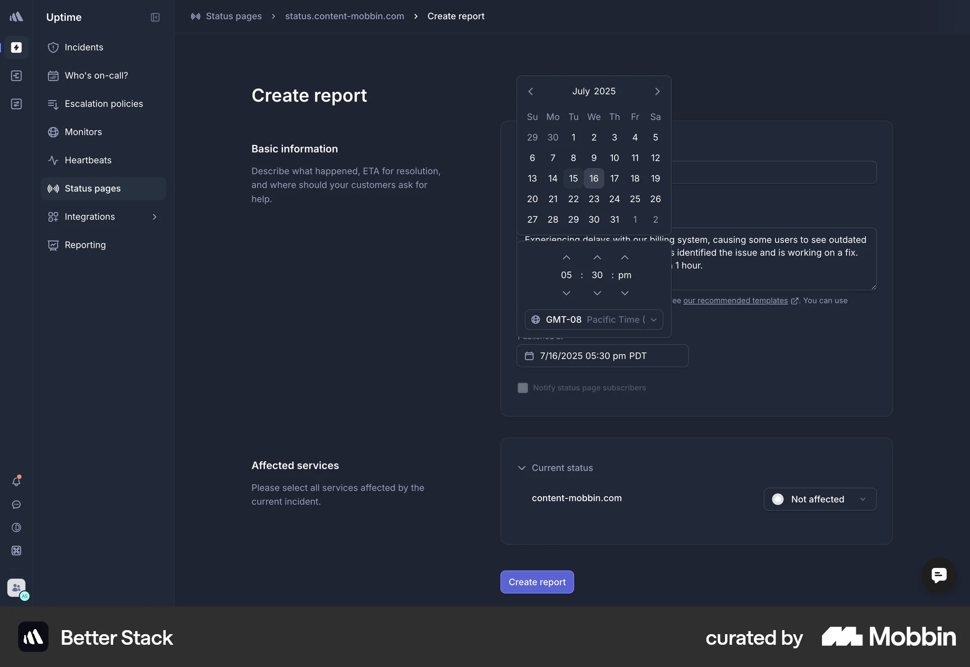 Better Stack Web screen containing Time Picker UI element
