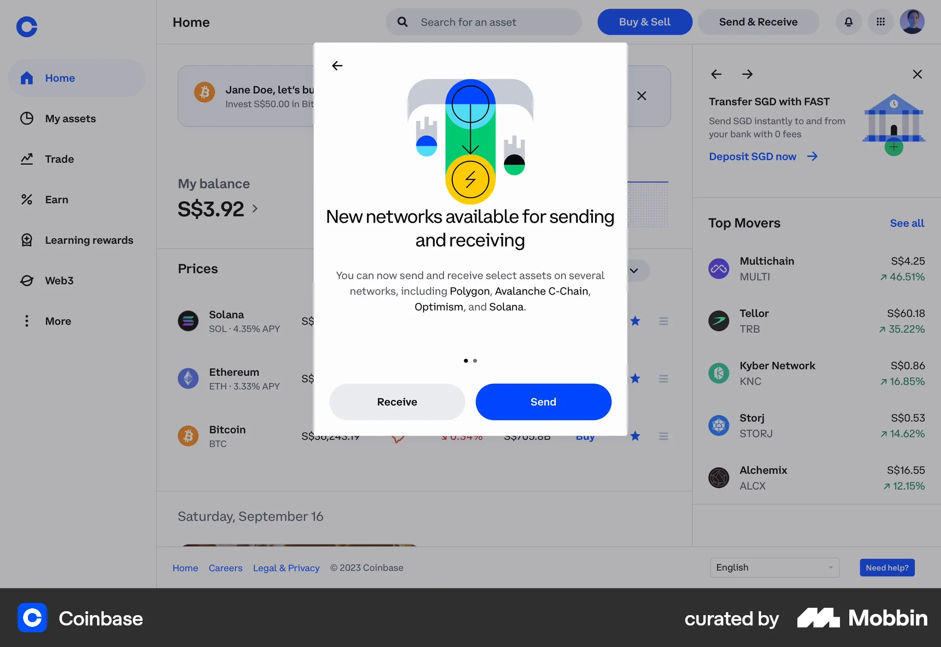 Coinbase Web Feature Info screen