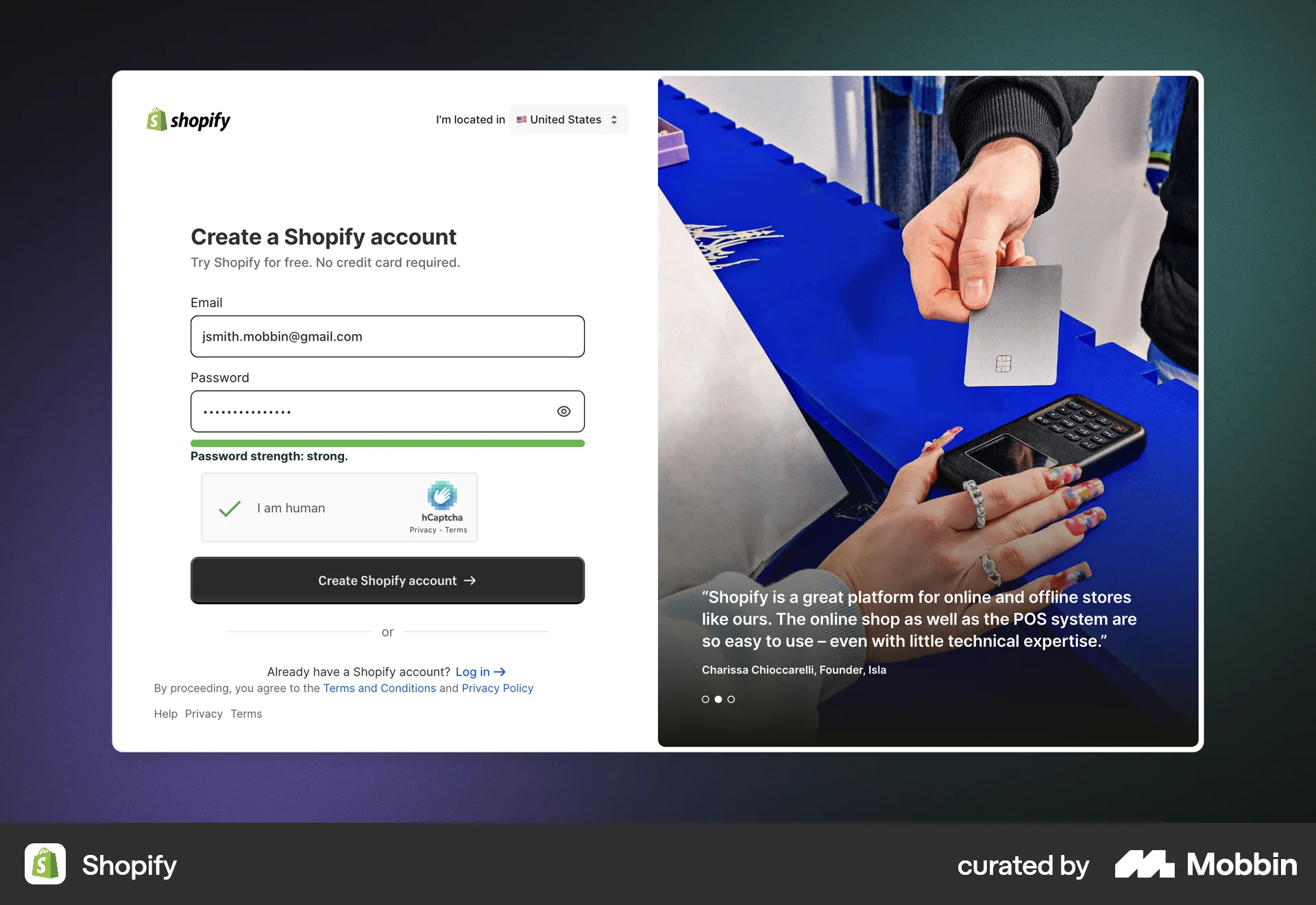 Shopify Web Signup screen