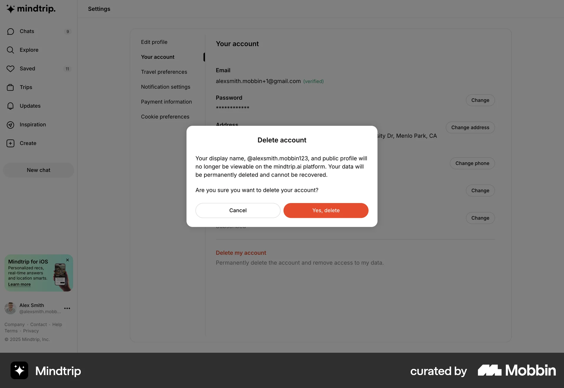 Mindtrip Web Confirmation screen