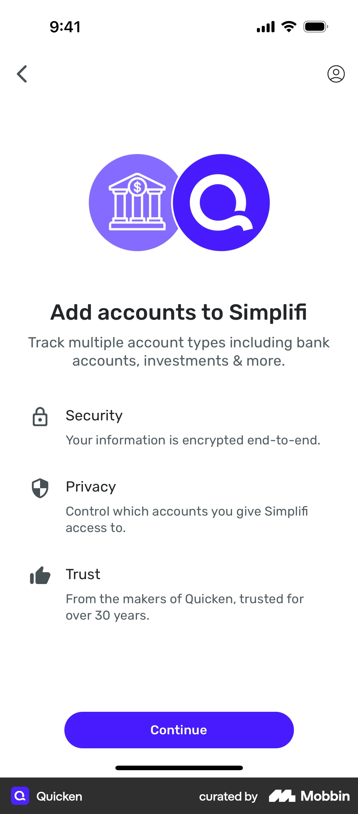 Quicken iOS Feature Info screen